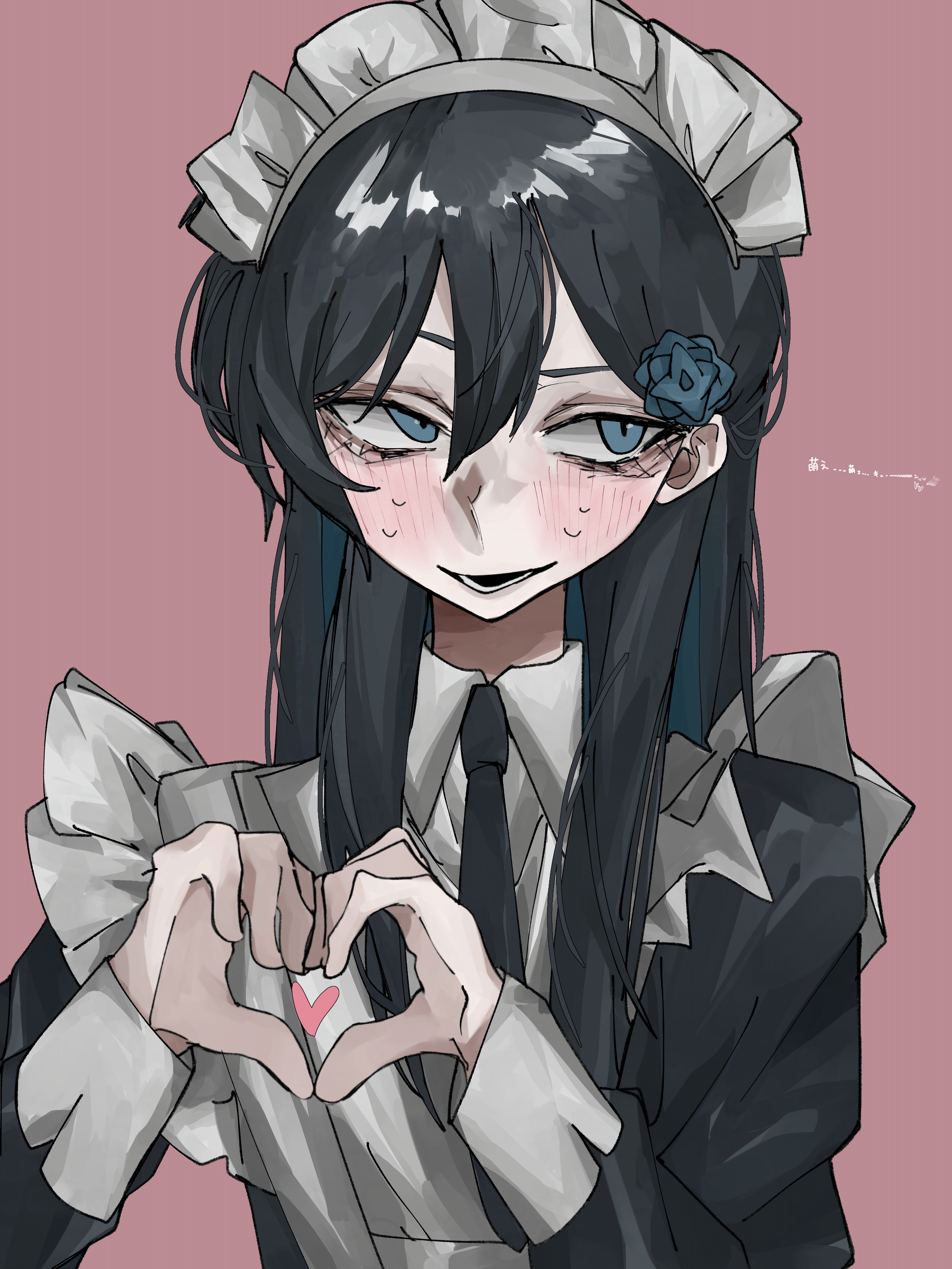chando (ado), ado (utaite), absurdres, commentary, highres, translation request, 1girl, 7z32z, aegyo sal, blue eyes, blue hair, blush, colored inner hair, hair between eyes, heart, heart hands, heart in heart hands, long hair, long sleeves, maid, maid headdress, multicolored hair, nervous sweating, open mouth, simple background, solo, sweat, upper body, utaite