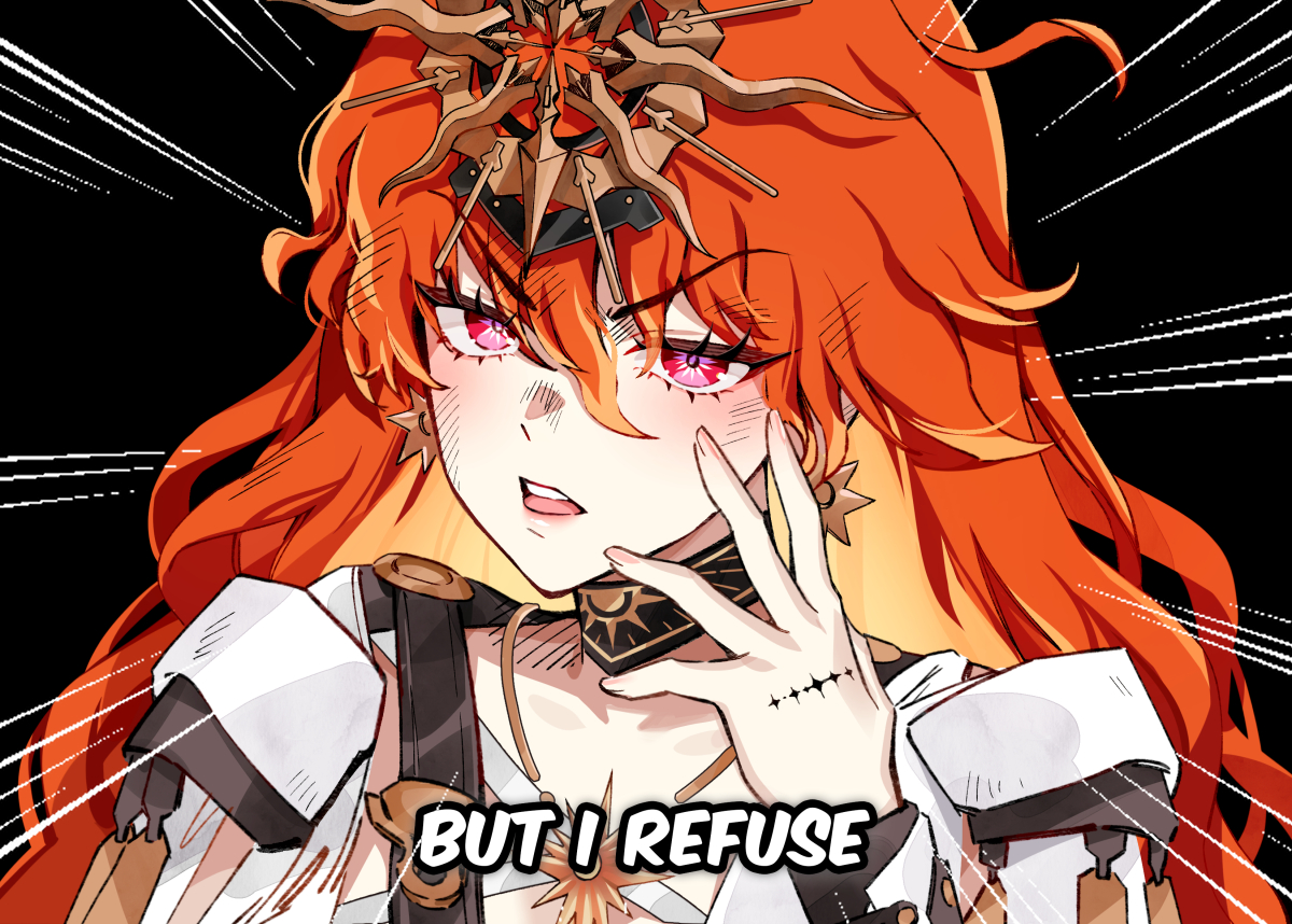 foxyreine, augusta (wuthering waves), diamond wa kudakenai, jojo no kimyou na bouken, wuthering waves, commentary, english commentary, 1girl, black collar, collar, colored inner hair, daga kotowaru, earrings, english text, fingernails, hair between eyes, hand up, headgear, jewelry, long hair, looking at viewer, menacing (jojo), multicolored hair, orange hair, parted lips, portrait, pose imitation, red eyes, solo, sun earrings, sun necklace, tacet mark (wuthering waves), teeth, upper teeth only