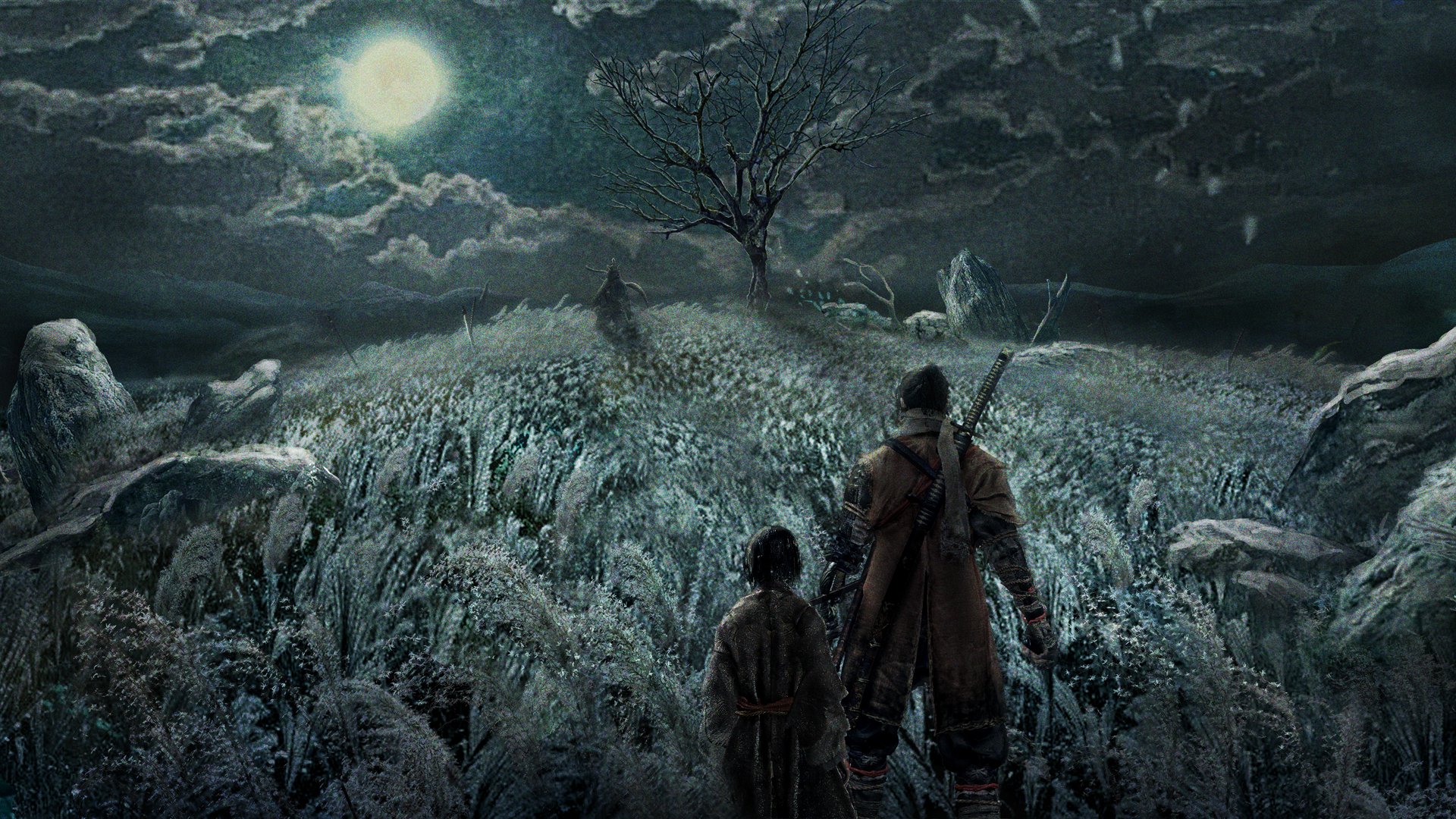 ashina genichirou, kuro the divine heir, sekiro, sekiro: shadows die twice, highres, official art, 3boys, cloud, field, flower, japanese clothes, katana, kimono, moon, multiple boys, night, outdoors, rock, scabbard, sheath, sky, sword, tree, weapon