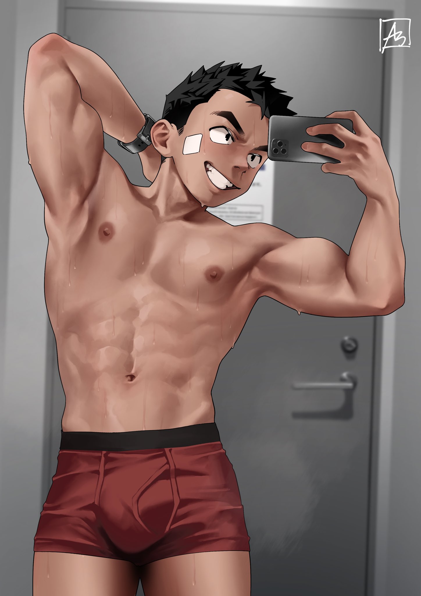 as (as21 00), highres, 1boy, arms behind head, bandaid, bandaid on face, black hair, boxers, cellphone, cellphone photo, covering face, holding, holding phone, indoors, looking at phone, male focus, male underwear, mirror selfie, phone, phone over face, red male underwear, selfie, short hair, smartphone, smile, sweat, sweatdrop, taking picture, toned, toned male, topless male, underwear, very short hair, watch, wristwatch