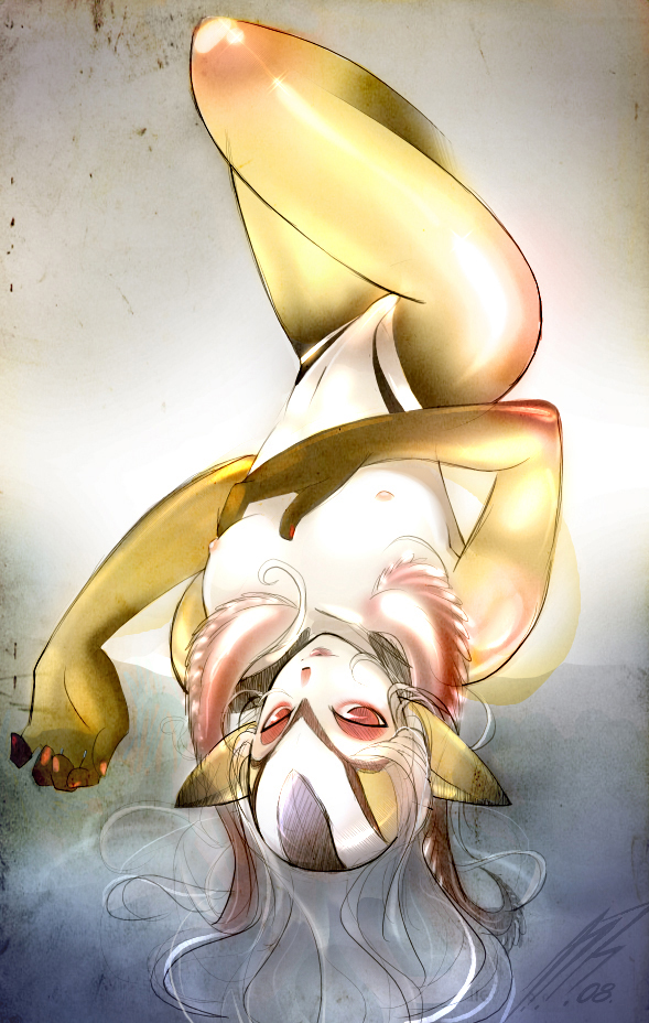 tsampikos, mutio, ao no roku-gou, breasts, flat chest, green skin, grey hair, monster girl, nipples, nude, pointy ears, red eyes, short hair, smile, water, white hair, yellow skin