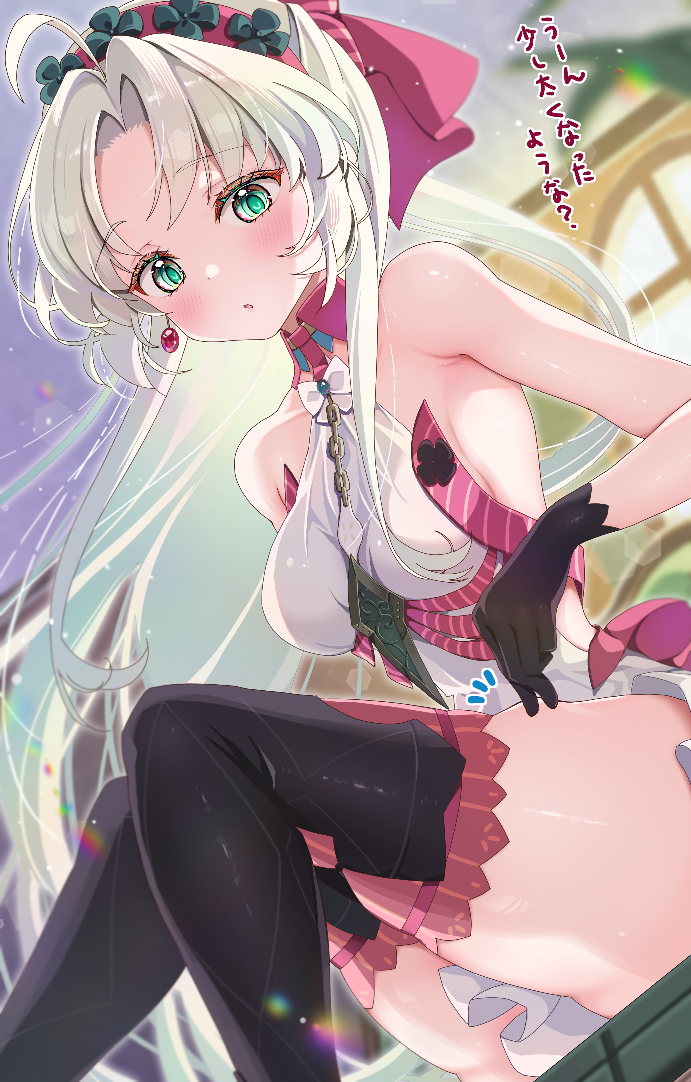 koharutoki02, carlotta (wuthering waves), wuthering waves, absurdres, commentary, highres, 1girl, ahoge, armpit crease, bare shoulders, black boots, black gloves, blush, boots, bow, dress, earrings, feet out of frame, from below, gloves, green eyes, hair bow, hairband, jewelry, looking at viewer, no jacket, parted bangs, parted lips, pink bow, pink hairband, pink thighhighs, solo, thigh boots, thighhighs, thighhighs under boots, thighs, white dress