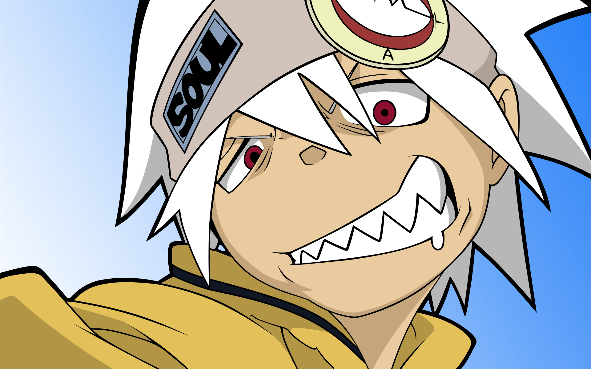 soul evans, soul eater, highres, 00s, 1boy, grin, headband, looking at viewer, male focus, red eyes, saliva, sharp teeth, smile, solo, teeth, white hair