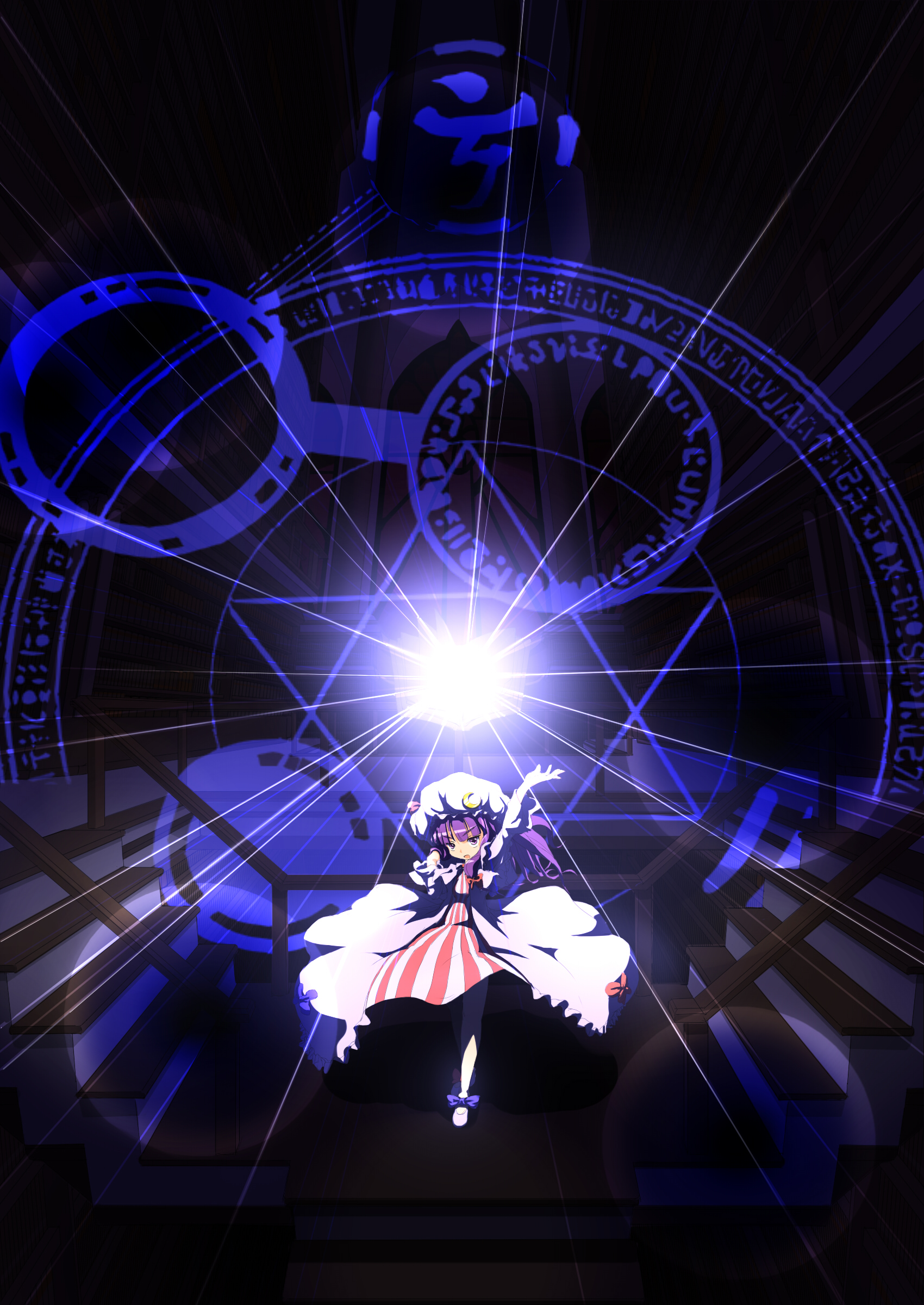 chiyo (pixiv40048), patchouli knowledge, touhou, absurdres, highres, 1girl, female focus, hexagram, magic circle, solo