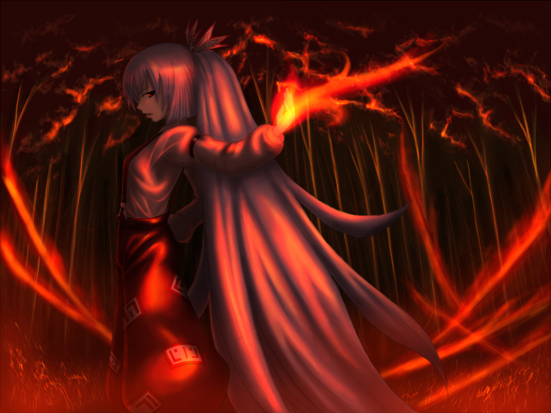 katagi ren, fujiwara no mokou, touhou, silver hair, bad id, bad pixiv id, 1girl, bamboo, bamboo forest, bow, dark, female focus, fire, forest, hair bow, hair ribbon, long hair, looking back, nature, pants, profile, red theme, ribbon, shirt, solo