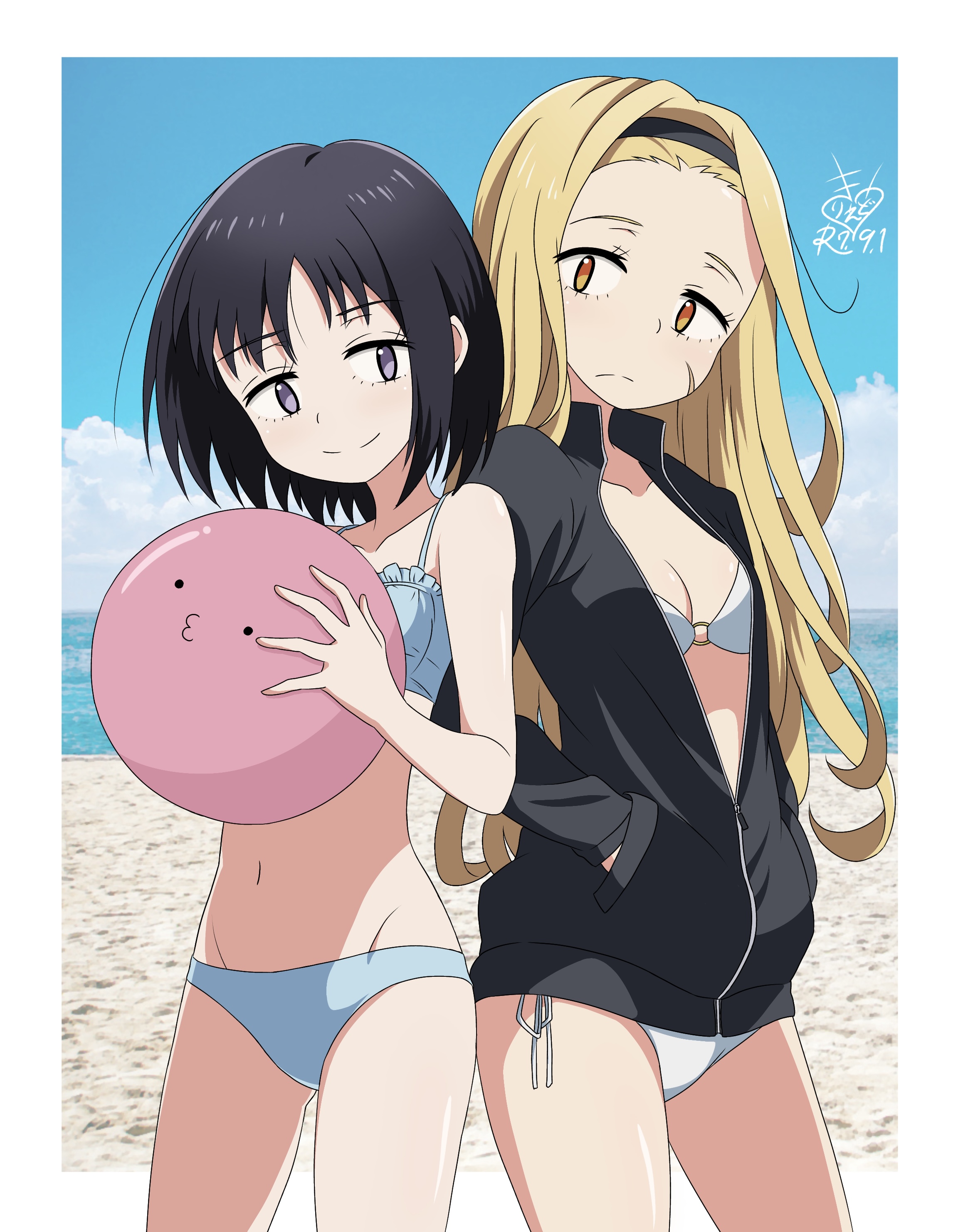 kirie dou, kirarazaka marina, kuze shizuka, takopii no genzai, absurdres, highres, 2girls, ball, beachball, bikini, black hair, black jacket, blonde hair, blue bikini, blush, breasts, grey eyes, hand in pocket, holding, holding ball, jacket, looking at another, medium breasts, multiple girls, navel, orange eyes, outdoors, partially unzipped, side-tie bikini bottom, smile, swimsuit, white bikini