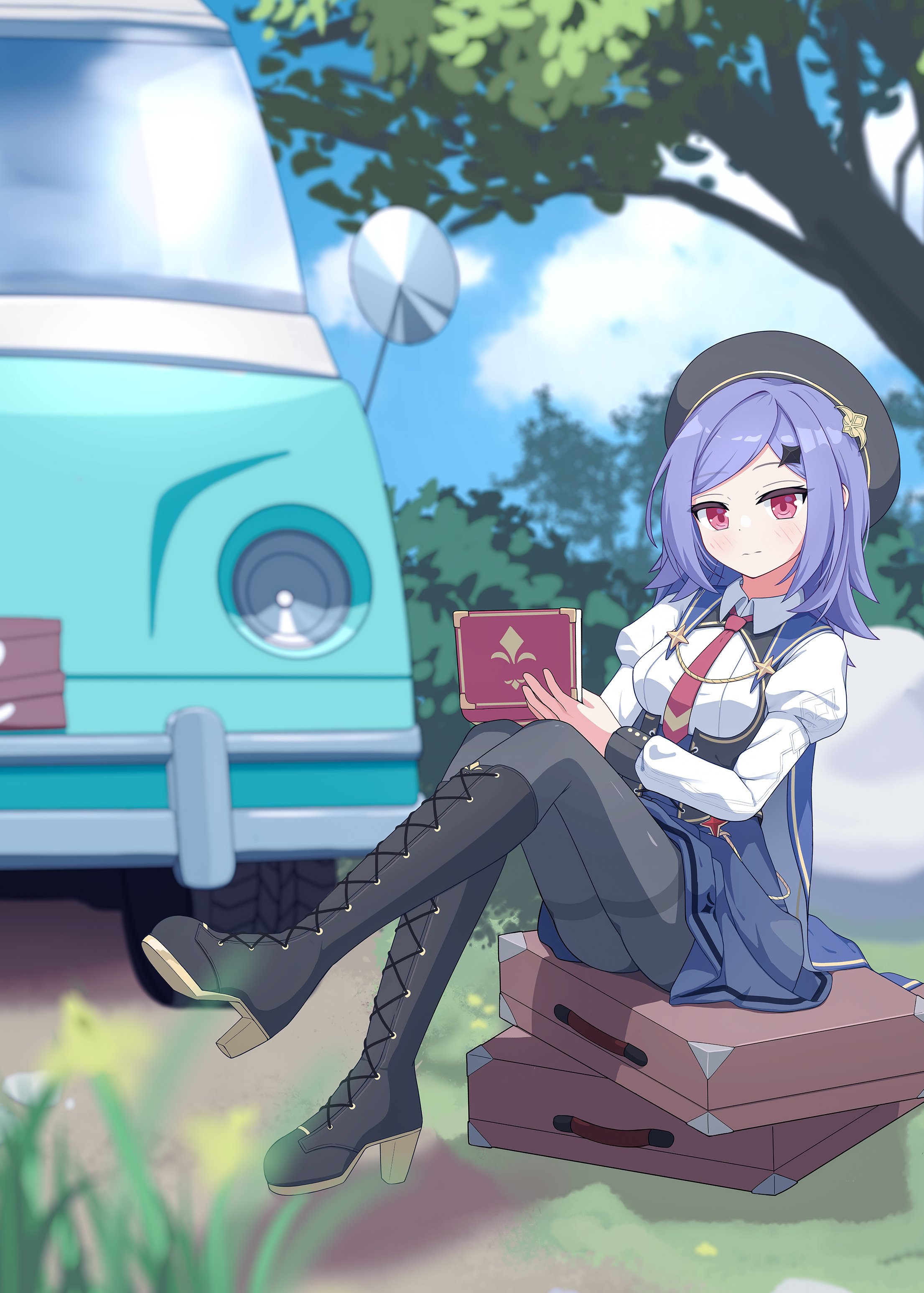 sillyprim, iris (stella sora), stella sora, absurdres, commentary, highres, korean commentary, 1girl, ass, black boots, black pantyhose, blue cape, blue skirt, boots, breasts, briefcase, cape, collared shirt, computer, framed breasts, full body, high-waist skirt, high heel boots, high heels, holding, holding laptop, juliet sleeves, knee boots, lace-up boots, laptop, leg up, long hair, long sleeves, medium breasts, miniskirt, motor vehicle, necktie, outdoors, pantyhose, pleated skirt, puffy sleeves, purple hair, red eyes, red necktie, shirt, sitting, skirt, solo, tree, van, white shirt
