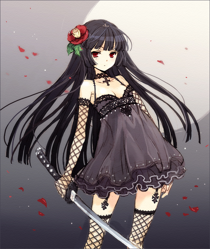 tearfish, original, 1girl, black hair, breasts, camellia, choker, cleavage, cross, dress, elbow gloves, female focus, fishnets, flower, garter belt, gloves, goth fashion, hair flower, hair ornament, katana, latin cross, long hair, mole, mole under eye, purple hair, red eyes, solo, sword, thighhighs, very long hair, weapon
