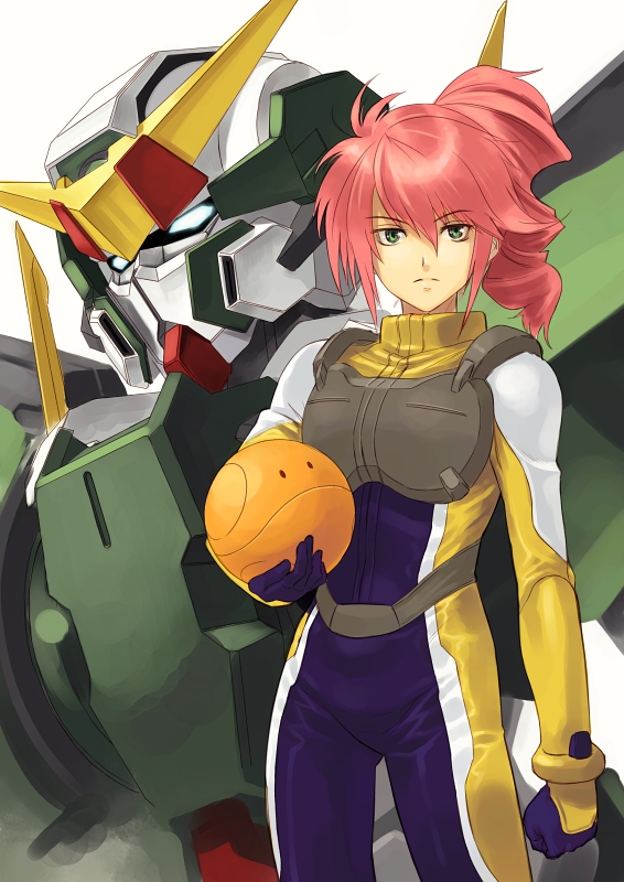 shimotsuki eight, dynames, feldt grace, gundam dynames, haro, gundam, gundam 00, pilot suit, bad id, bad pixiv id, spoilers, 00s, 1girl, black bodysuit, bodysuit, female focus, gloves, green eyes, mecha, pink hair, robot, solo