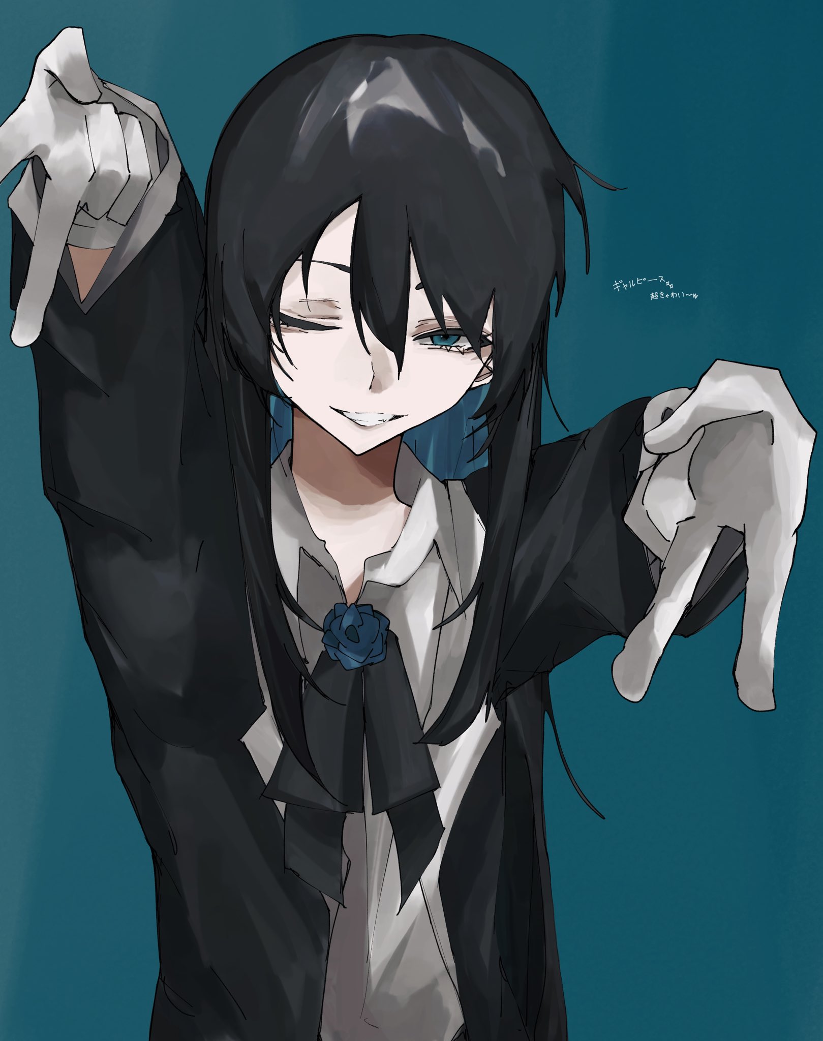 chando (ado), ado (utaite), commentary, highres, symbol-only commentary, translation request, 1girl, 7z32z, black coat, black hair, blue background, blue eyes, blue hair, coat, colored inner hair, double gyaru v, gloves, gyaru v, hair between eyes, long hair, long sleeves, multicolored hair, one eye closed, open mouth, shirt, solo, upper body, v, white gloves, white shirt