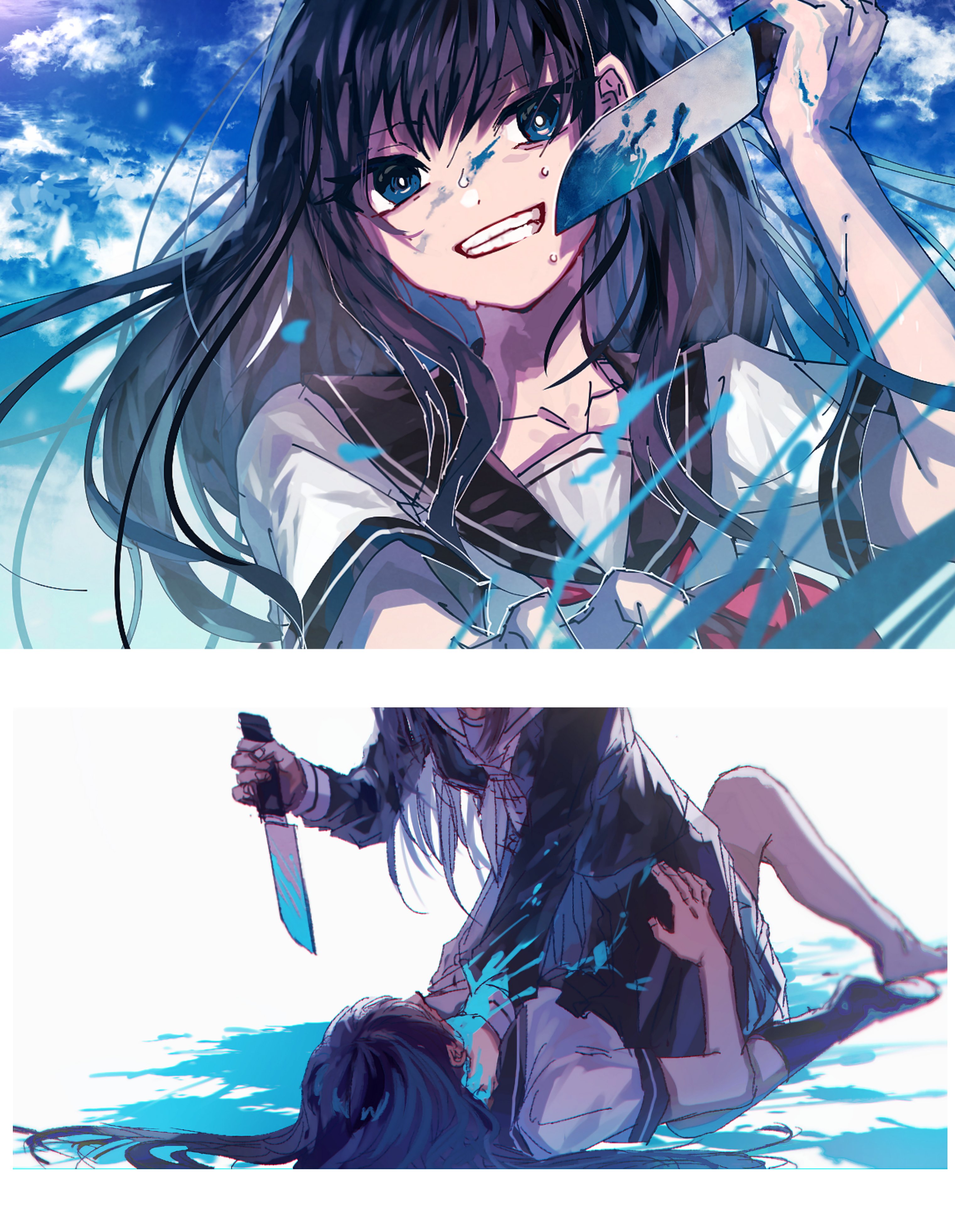 danjou sora, original, absurdres, highres, 2girls, black hair, black sailor collar, blood, blue eyes, blue sky, bow, bowtie, cloud, collarbone, grin, holding, holding knife, knife, long hair, long sleeves, looking at viewer, lying, multiple girls, neckerchief, on back, pleated skirt, sailor collar, school uniform, serafuku, shirt, short sleeves, skirt, sky, smile, socks, teeth, white shirt