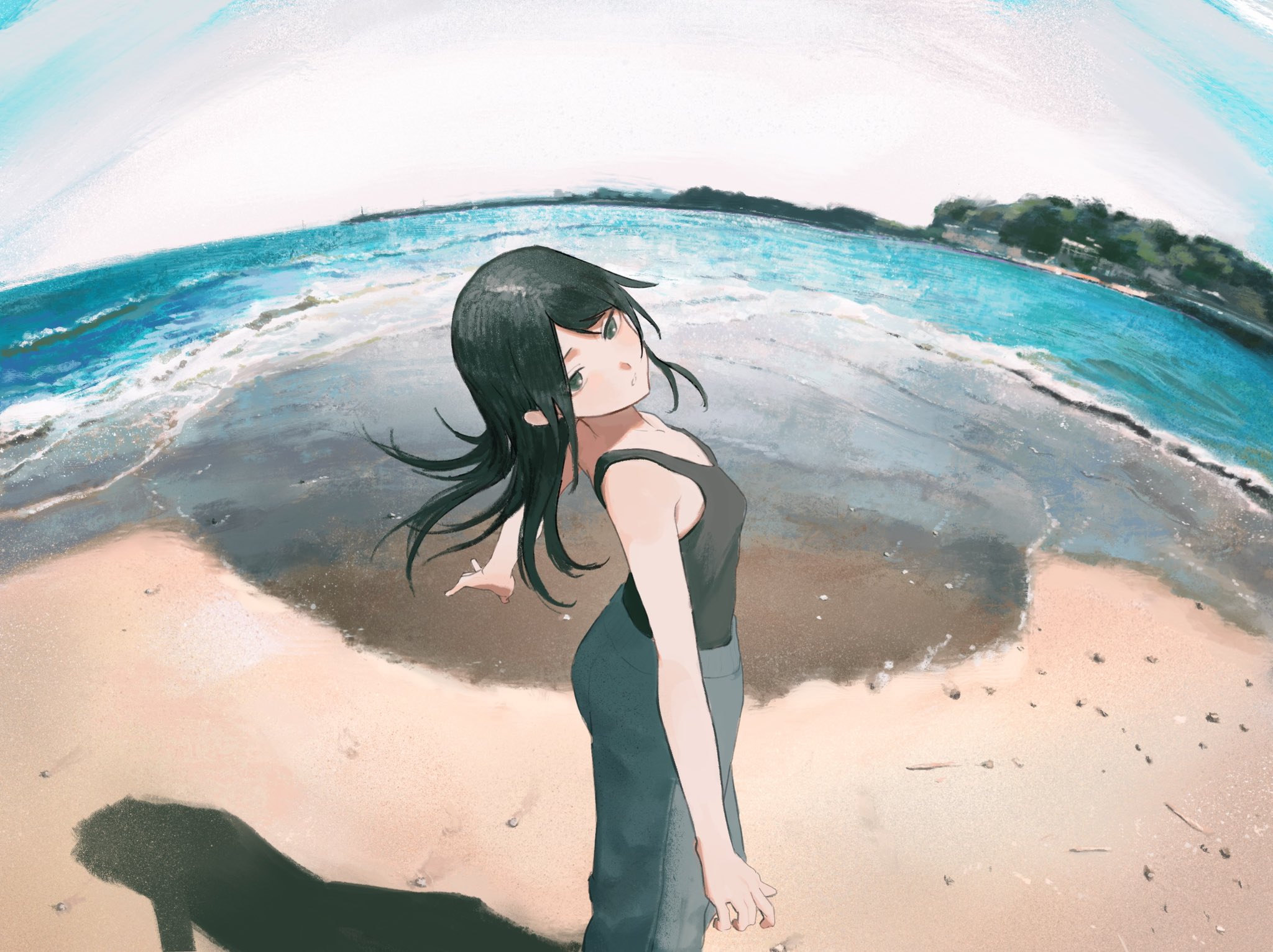 sodemizu, original, highres, 1girl, beach, black hair, black tank top, blue pants, fisheye, green eyes, horizon, looking at viewer, medium hair, ocean, pants, parted lips, sand, shadow, shirt tucked in, sky, solo, standing, tank top, water