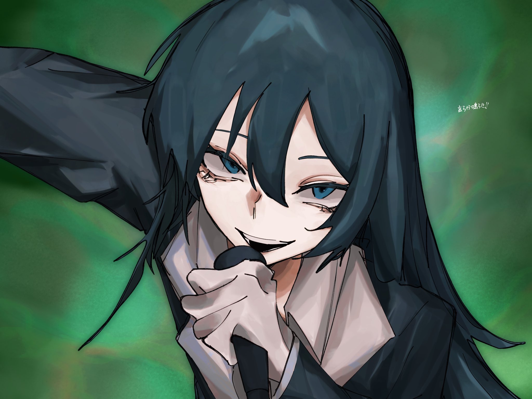 chando (ado), ado (utaite), commentary, highres, symbol-only commentary, translation request, 1girl, 7z32z, black hair, blue eyes, gloves, hair between eyes, holding, holding microphone, long hair, looking at viewer, microphone, open mouth, solo, utaite, white gloves