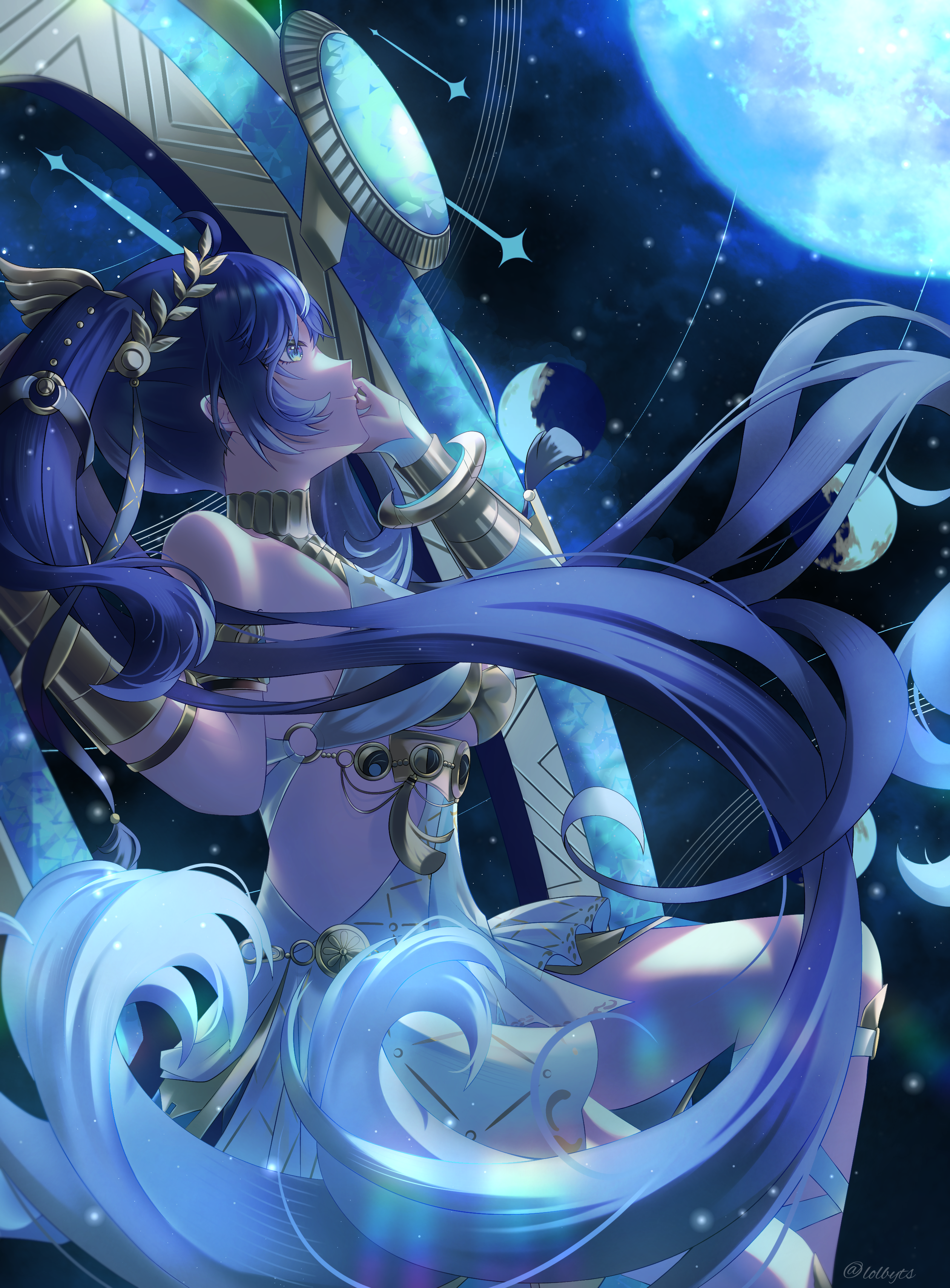 lolbyts, iuno (wuthering waves), wuthering waves, absurdres, commentary, highres, 1girl, ancient greek clothes, armlet, bare shoulders, blue eyes, blue hair, breasts, closed mouth, from side, gold bra, greco-roman clothes, hair belt, hand up, head wreath, jewelry, long hair, looking up, medium breasts, sitting, smile, solo, thighs, twitter username, very long hair