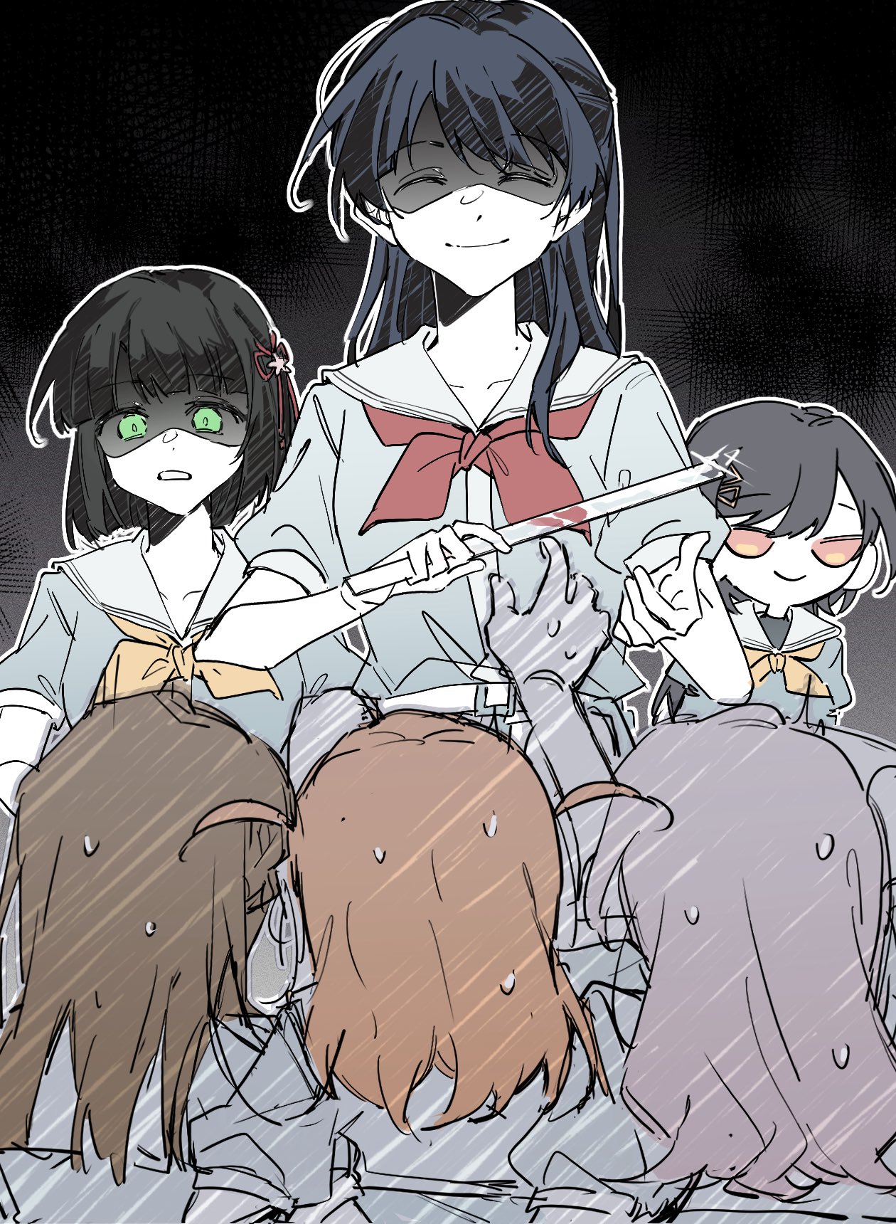 hoshiji, ceras yanagida lilienfeld, hinoshita kaho, kachimachi kosuzu, katsuragi izumi, momose ginko, murano sayaka, link! like! love live!, love live!, commentary request, highres, 6+girls, black hair, blunt bangs, blunt ends, bob cut, clenched teeth, false smile, frown, green eyes, grey hair, half updo, hasu no sora school uniform, holding, holding rod, long hair, medium hair, multiple girls, neckerchief, nervous sweating, orange eyes, orange hair, puffy short sleeves, puffy sleeves, red neckerchief, rod, school uniform, shaded face, short hair, short sleeves, smile, summer uniform, sweat, teeth, two side up, virtual youtuber, yellow neckerchief