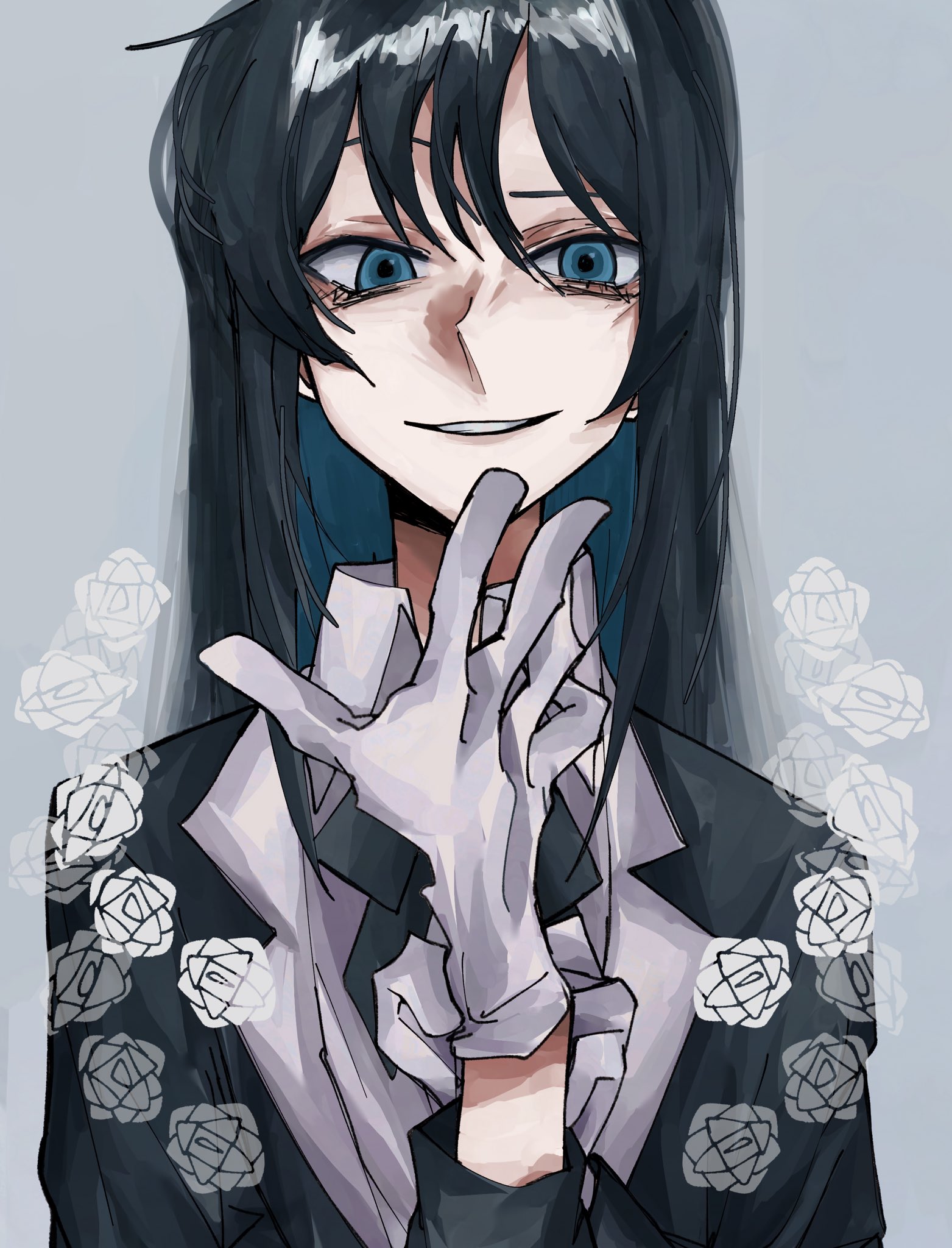 chando (ado), ado (utaite), commentary, highres, symbol-only commentary, 1girl, 7z32z, black hair, blue eyes, blue hair, colored inner hair, gloves, grey background, hand up, long hair, looking at viewer, multicolored hair, open mouth, solo, utaite, white gloves