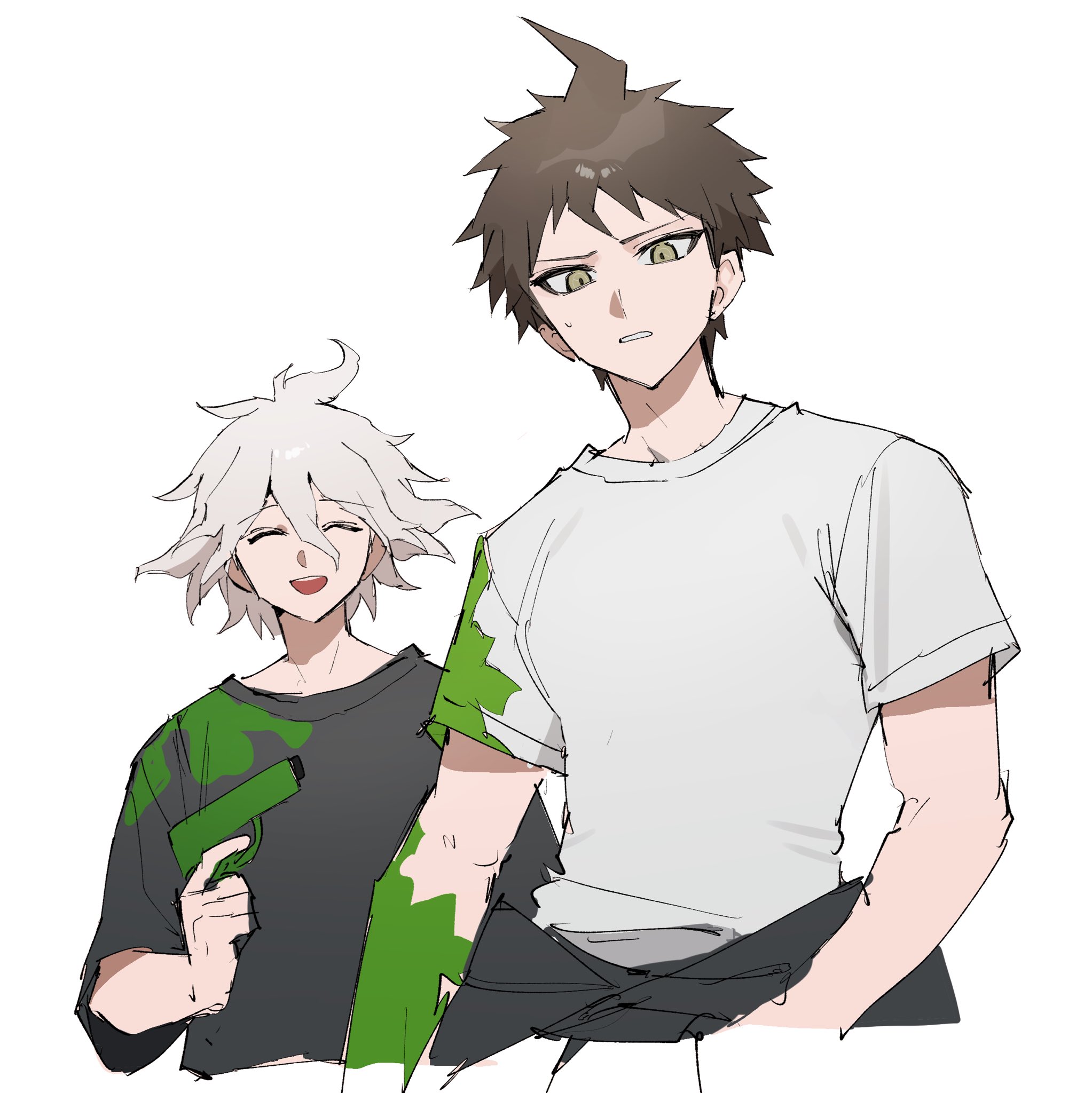sakusya2honda, hinata hajime, komaeda nagito, danganronpa (series), danganronpa 2: goodbye despair, highres, 2boys, :d, ahoge, alternate costume, black shirt, brown eyes, brown hair, closed eyes, cropped torso, grey hair, grey shirt, holding, male focus, messy hair, multiple boys, open mouth, shirt, short hair, short sleeves, simple background, smile, teeth, upper body, upper teeth only, white background, white shirt