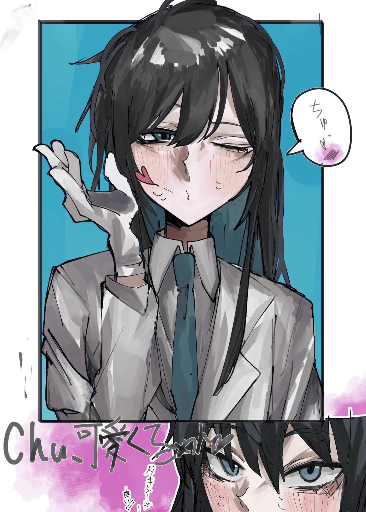 chando (ado), ado (utaite), commentary, highres, translation request, 1girl, 7z32z, black hair, blowing kiss, blue eyes, blue hair, blue necktie, blush, colored inner hair, gloves, hair between eyes, heart, long hair, multicolored hair, necktie, one eye closed, shirt, utaite, white gloves, white shirt