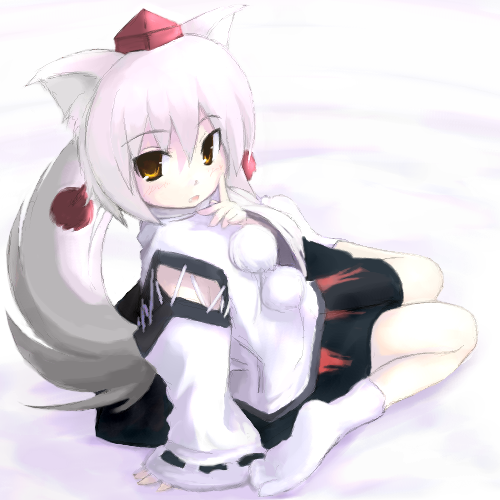 tsubasa (abchipika), inubashiri momiji, touhou, lowres, 1girl, :o, animal ears, brown eyes, detached sleeves, expressionless, female focus, from above, hat, long sleeves, looking at viewer, looking up, parted lips, pom pom (clothes), sitting, soles, solo, tassel, tokin hat, wariza, white hair, wolf ears