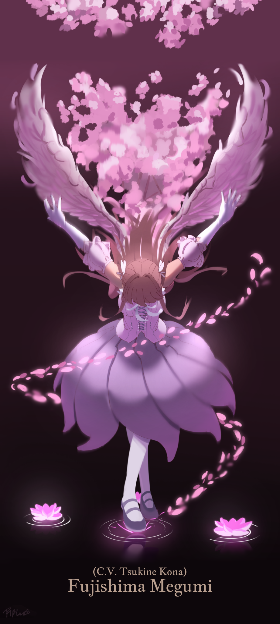 piririi, fujishima megumi, link! like! love live!, love live!, commentary request, highres, 1girl, aurora flower (love live!), black shoes, brown hair, butterfly hair ornament, character name, cross-laced clothes, cross-laced top, crossed legs, detached sleeves, elbow gloves, flower, full body, gloves, hair ornament, long hair, lotus, official alternate costume, pantyhose, pink flower, pink petals, pink skirt, puffy short sleeves, puffy sleeves, shirt, shoes, short sleeves, signature, skirt, sleeveless, sleeveless shirt, solo, standing, standing on liquid, virtual youtuber, watson cross, white gloves, white pantyhose, white shirt, white wings, wings