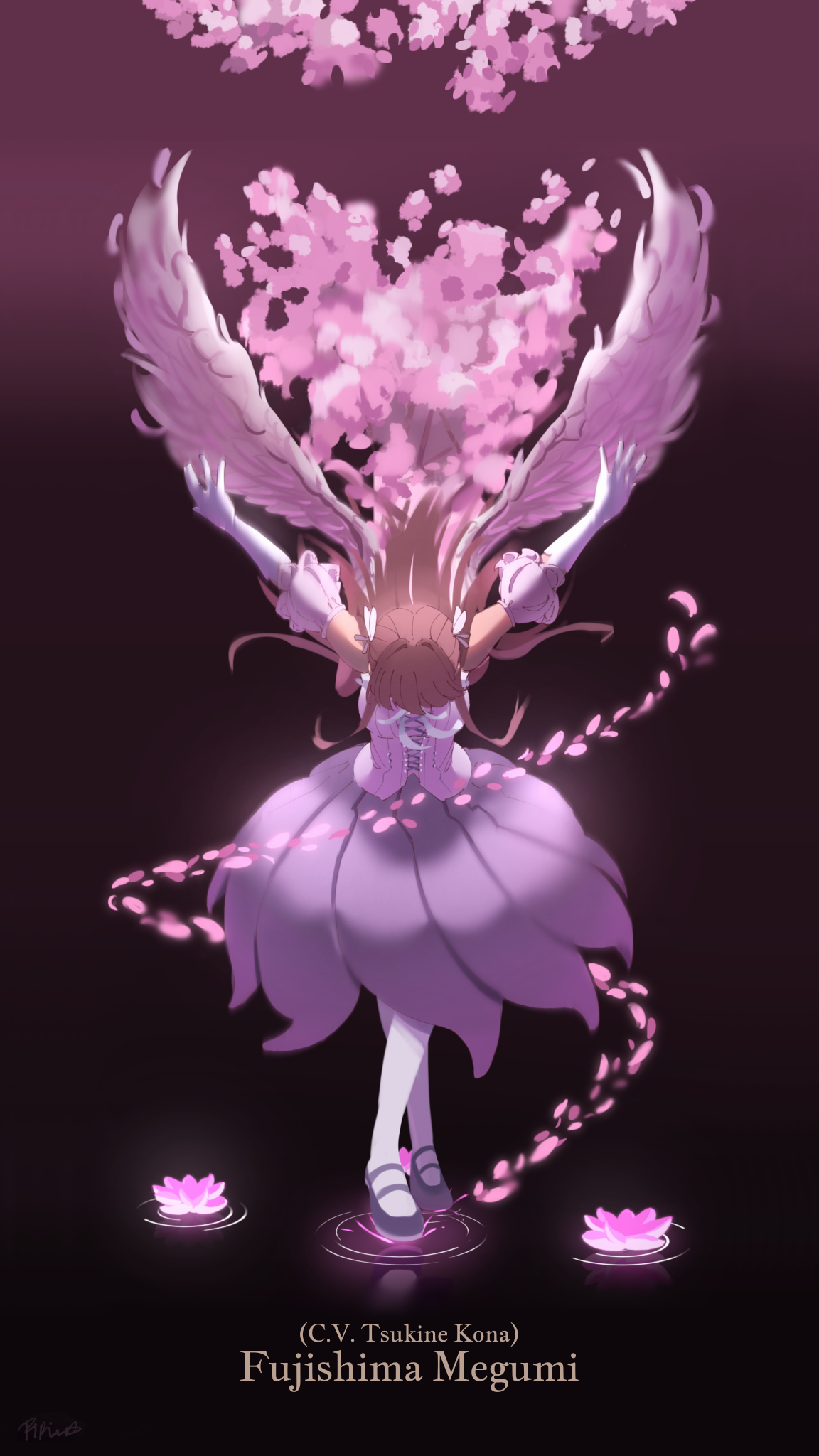 piririi, fujishima megumi, link! like! love live!, love live!, commentary request, highres, 1girl, aurora flower (love live!), black shoes, brown hair, butterfly hair ornament, character name, cross-laced clothes, cross-laced top, crossed legs, detached sleeves, elbow gloves, flower, full body, gloves, hair ornament, long hair, lotus, official alternate costume, pantyhose, pink flower, pink petals, pink skirt, puffy short sleeves, puffy sleeves, shirt, shoes, short sleeves, signature, skirt, sleeveless, sleeveless shirt, solo, standing, standing on liquid, virtual youtuber, watson cross, white gloves, white pantyhose, white shirt, white wings, wings