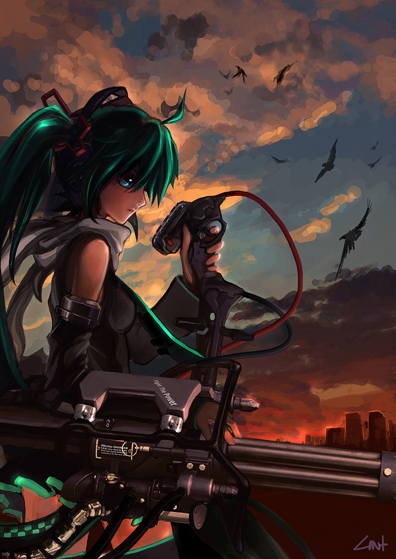lin+, hatsune miku, vocaloid, 1girl, ahoge, aqua hair, bird, crow, female focus, gatling gun, gun, machine gun, scarf, solo, thighhighs, weapon, zettai ryouiki