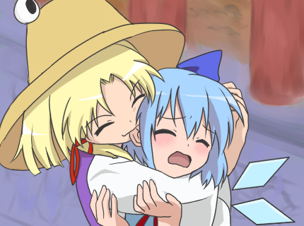 cirno, moriya suwako, suzumiya haruhi no yuuutsu, touhou, biting ear, bad id, bad pixiv id, lowres, 2girls, biting, blush, bow, female focus, hat, multiple girls, parody, ribbon, wings, yuri