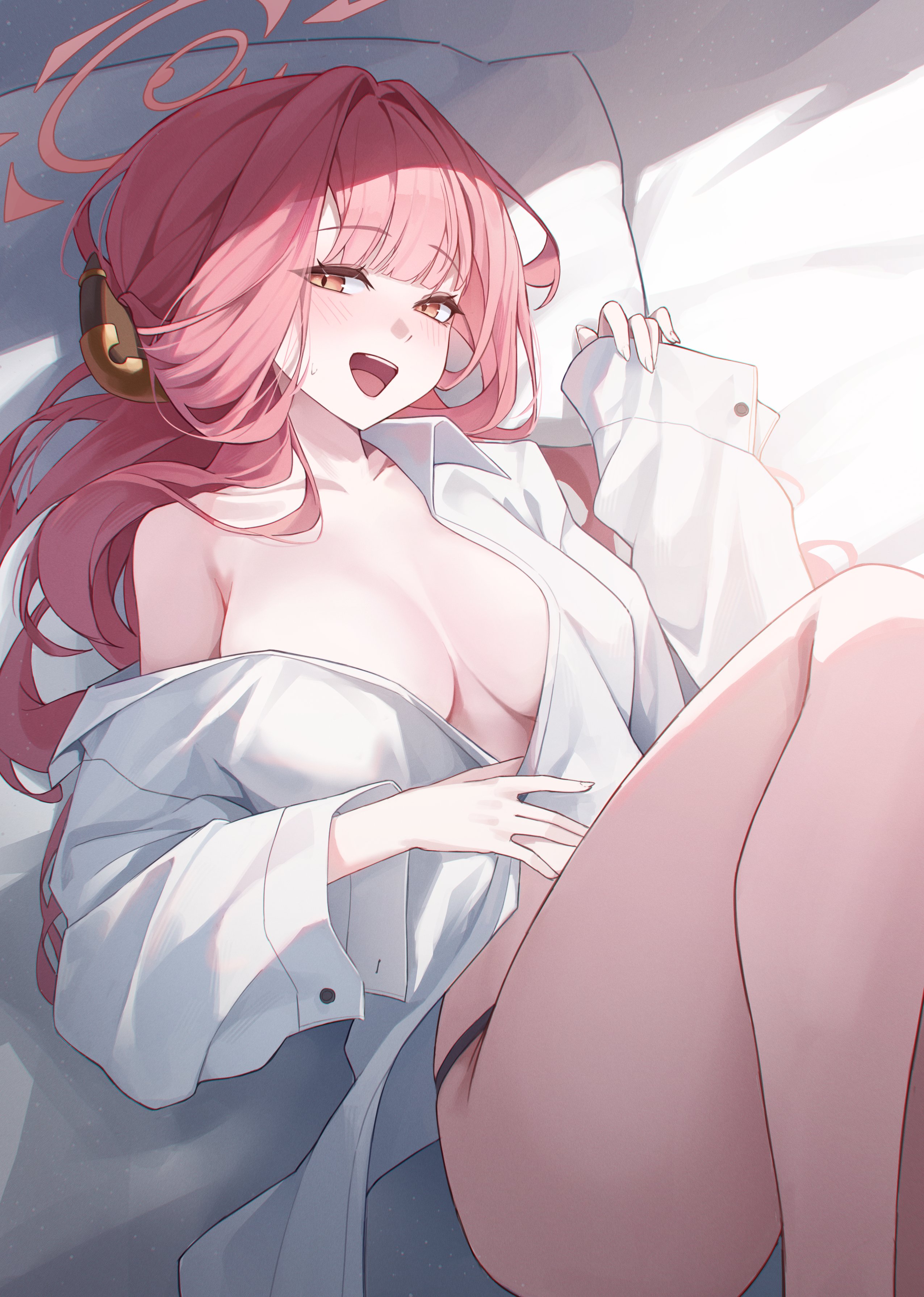 jw (wrdawrda), aru (blue archive), blue archive, absurdres, commentary, highres, revision, 1girl, :d, bed sheet, black panties, blush, breasts, collared shirt, demon horns, halo, horns, large breasts, long hair, long sleeves, looking at viewer, lying, open mouth, orange halo, panties, panty peek, partially unbuttoned, pillow, pink hair, shirt, smile, solo, thighs, underwear, white shirt, yellow background
