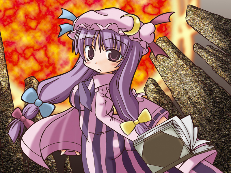 aquaneko, minazuki aqua, patchouli knowledge, touhou, bad id, bad pixiv id, 1girl, :<, book, chibi, female focus, hat, long hair, ribbon, solo
