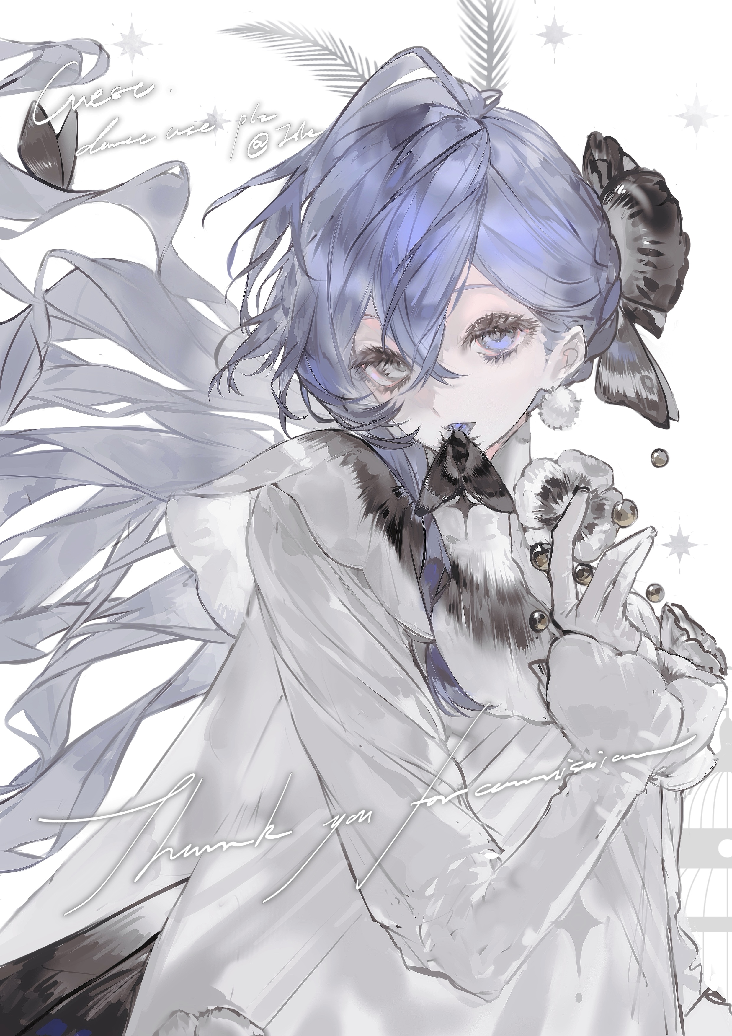 original, absurdres, highres, 1girl, arthropod girl, blue eyes, blue hair, bug, colored tongue, dress, earrings, flower, gloves, hair between eyes, hair flower, hair ornament, heilanshuimuchu, insect, insect girl, insect wings, jewelry, long hair, long sleeves, looking at viewer, moth, moth antennae, moth girl, moth wings, simple background, solo, upper body, white dress, white gloves, wings
