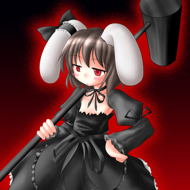 inaba tewi, touhou, 1girl, animal ears, female focus, gradient background, hammer, rabbit ears, solo, standing