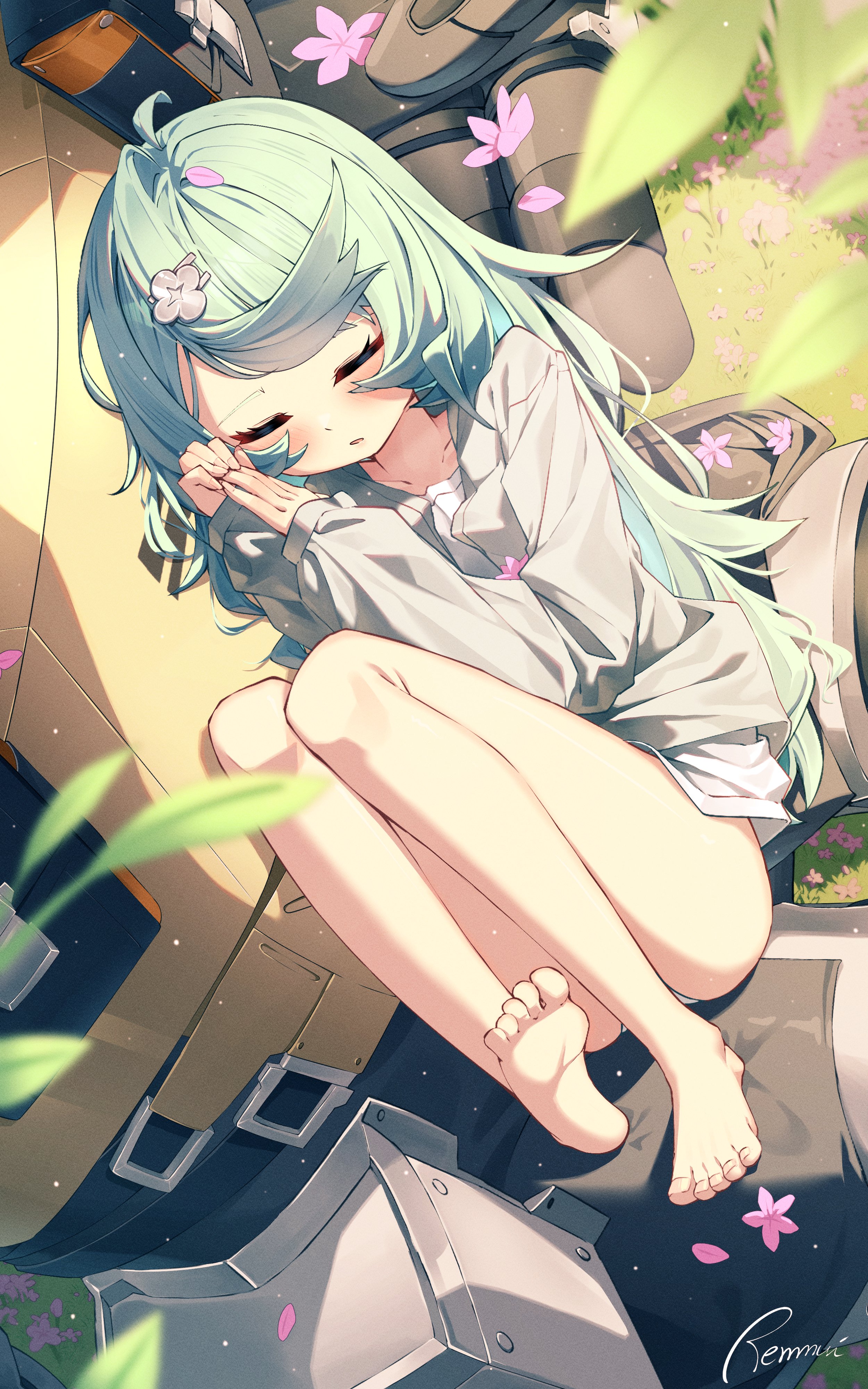 maeru, seed (zenless zone zero), zenless zone zero, absurdres, highres, 1girl, 1other, bare legs, barefoot, belt, blue hair, flower, grass, grey shirt, hair ornament, hairpin, humanoid robot, on grass, pink flower, pouch, robot, seed sr., shirt, sleeping, white shirt
