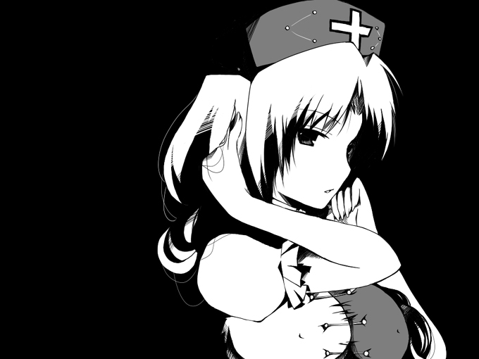 kibinago, yagokoro eirin, touhou, bad id, bad pixiv id, 1girl, black theme, breasts, female focus, greyscale, hat, monochrome, simple background, solo, upper body