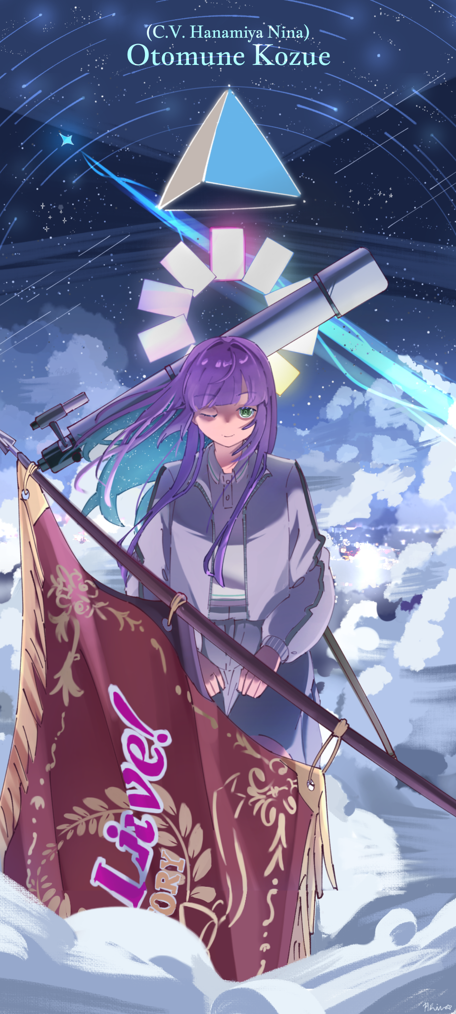 piririi, otomune kozue, otomune kozue (winter training wear), link! like! love live!, love live!, commentary, highres, 1girl, ;), card, character name, cloud, flag, floating hair, green eyes, hair down, jacket, long sleeves, looking at viewer, love live! victory flag, night, night sky, official alternate hairstyle, one eye closed, open clothes, open jacket, polo shirt, purple hair, purple jacket, pyramid (geometry), seiza, shirt, shooting star, sidelocks, sitting, sky, smile, solo, star (sky), starry sky, telescope, virtual youtuber, walking, white shirt