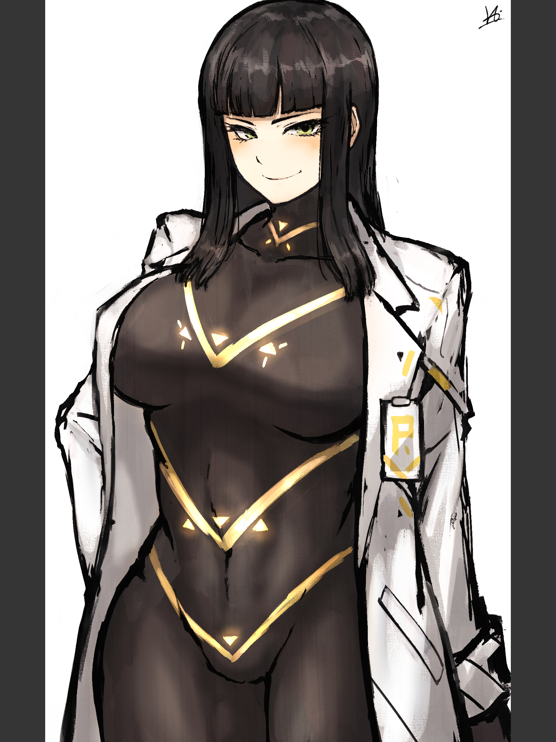 akita (akitakipuromun), cesara (project moon), limbus company, project moon, absurdres, highres, black bodysuit, black gloves, black hair, blush, bodysuit, breasts, cowboy shot, gloves, green eyes, hands out of frame, hime cut, lab coat, large breasts, light blush, looking at viewer, navel, signature, simple background, smile, thighs, toned, toned female, white background