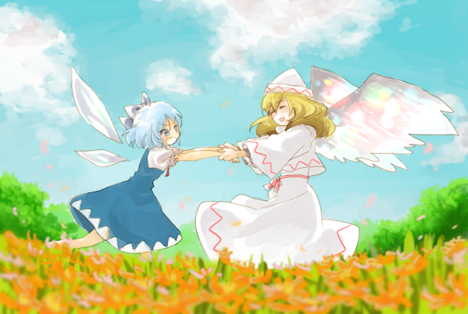 natsume (menthol), cirno, lily white, touhou, bad id, bad pixiv id, 2girls, blonde hair, blue dress, blue eyes, blue hair, capelet, cloud, day, dress, female focus, frilled dress, frills, hair ribbon, hat, holding hands, long hair, long sleeves, multiple girls, puffy short sleeves, puffy sleeves, ribbon, short hair, short sleeves, sky, white dress, white hat, wings, yellow eyes