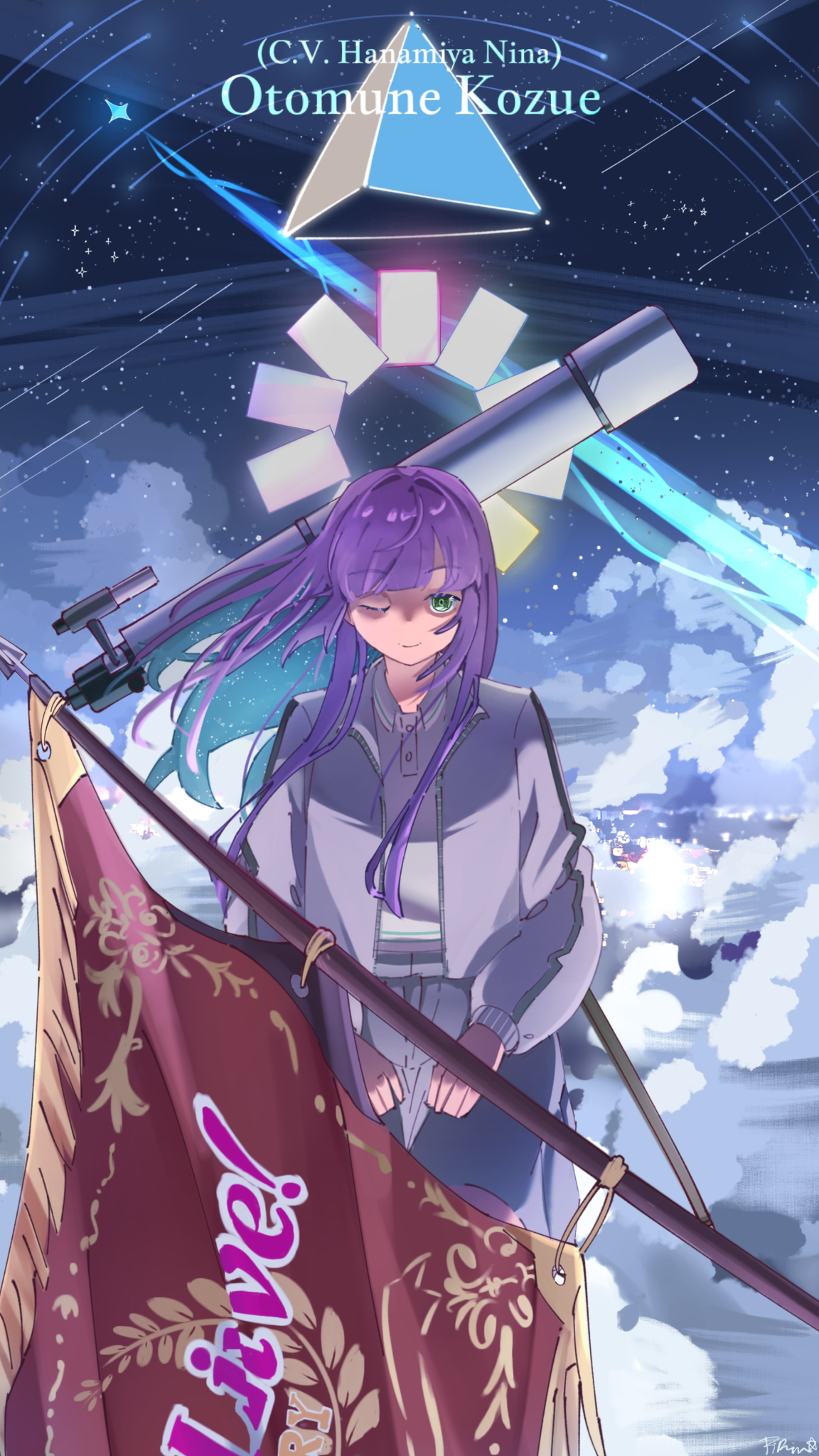 piririi, otomune kozue, otomune kozue (winter training wear), link! like! love live!, love live!, commentary, highres, 1girl, ;), card, character name, cloud, flag, floating hair, green eyes, hair down, jacket, long sleeves, looking at viewer, love live! victory flag, night, night sky, official alternate hairstyle, one eye closed, open clothes, open jacket, polo shirt, purple hair, purple jacket, pyramid (geometry), seiza, shirt, shooting star, sidelocks, sitting, sky, smile, solo, star (sky), starry sky, telescope, virtual youtuber, walking, white shirt