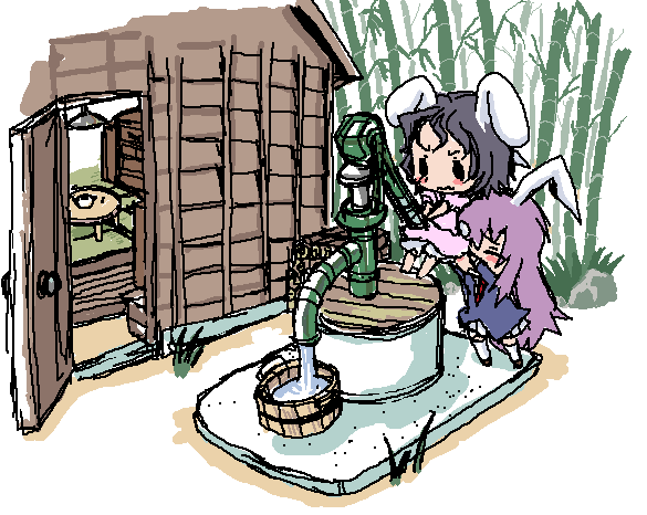 baku taso, itigekimaru, inaba tewi, reisen udongein inaba, touhou, 2girls, animal ears, chibi, female focus, multiple girls, outdoors, plant, rabbit ears, standing