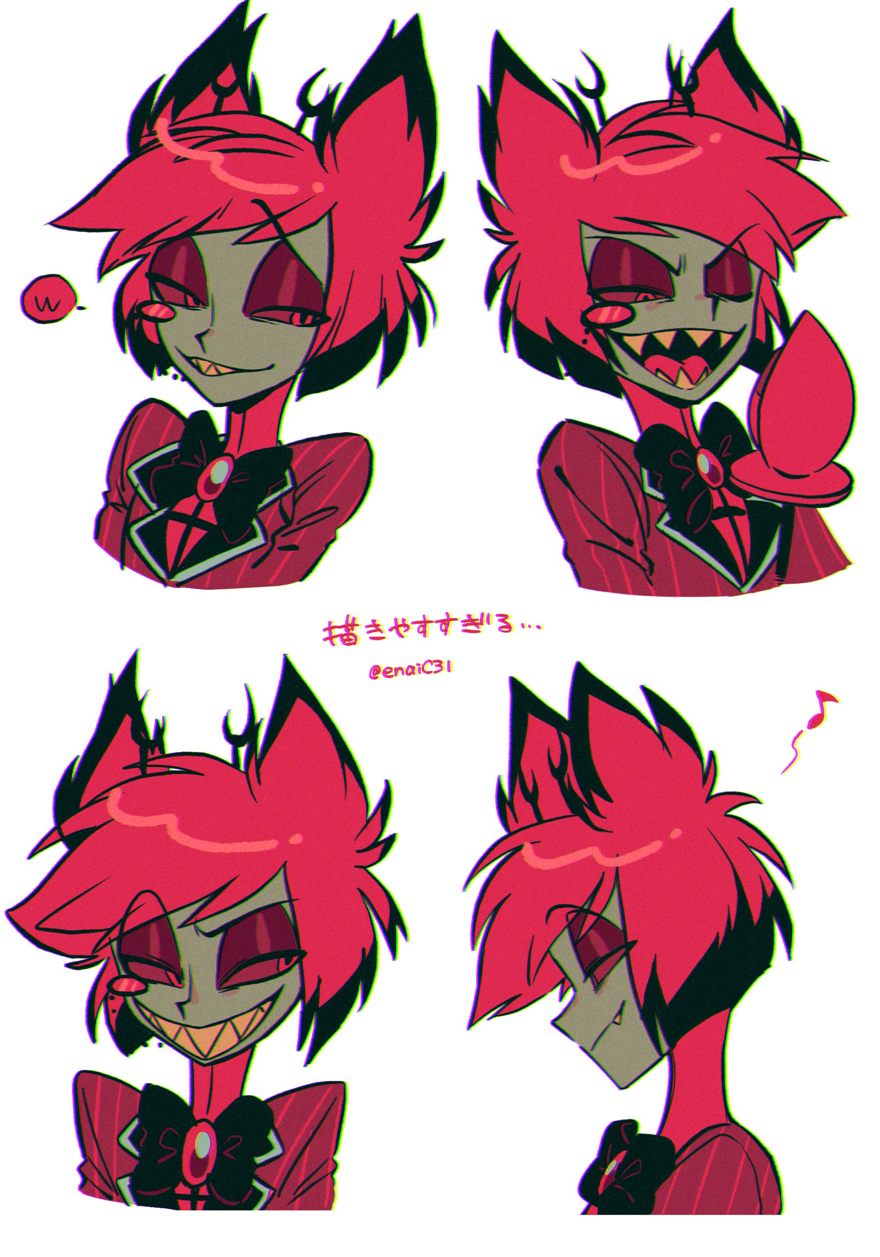 menma (enaic31), alastor (hazbin hotel), hazbin hotel, hellaverse, absurdres, bad id, bad pixiv id, highres, translation request, 1boy, :d, ;d, animal ears, antlers, black bow, black bowtie, black hair, black mouth, bob cut, bow, bowtie, chromatic aberration, closed mouth, colored sclera, colored skin, colored teeth, colored tips, cropped shoulders, deer antlers, deer ears, eyeshadow, fang, film grain, grey skin, grin, horns, inverted bob, jacket, lapels, looking down, looking to the side, makeup, male focus, multicolored hair, multiple views, musical note, notched lapels, one eye closed, open mouth, pinstripe jacket, pinstripe pattern, profile, raised eyebrow, red eyes, red eyeshadow, red hair, red jacket, red sclera, red shirt, sharp teeth, shirt, short hair, sideways glance, simple background, smile, staff, swept bangs, teeth, tongue, traditional bowtie, twitter username, two-tone hair, v-shaped eyebrows, white background, yellow teeth