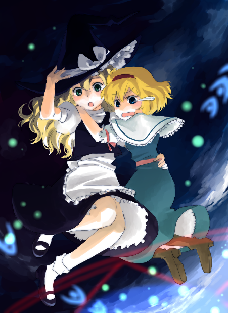 natsume (menthol), alice margatroid, kirisame marisa, touhou, bad id, bad pixiv id, 2girls, :o, apron, black dress, blonde hair, blue dress, capelet, dress, female focus, full body, hairband, hug, long hair, multiple girls, open mouth, puffy short sleeves, puffy sleeves, short hair, short sleeves, very long hair, waist apron, wavy hair
