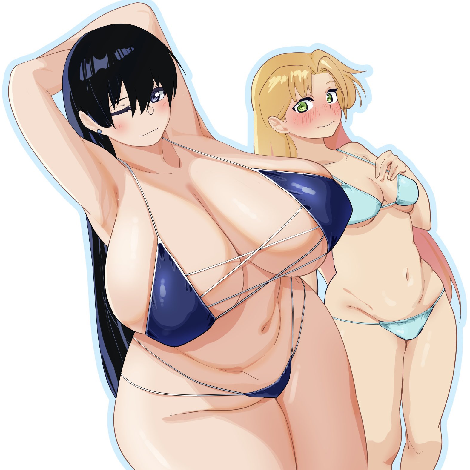 arato nagi, tanigawa ruri, ruri no houseki, highres, 2girls, alternate breast size (larger), bikini, black hair, blonde hair, blue bikini, breasts, earrings, green eyes, hand on own chest, huge breasts, jewelry, long hair, multi-strapped bikini bottom, multi-strapped bikini top, multiple girls, qaz shibashi, stud earrings, swimsuit