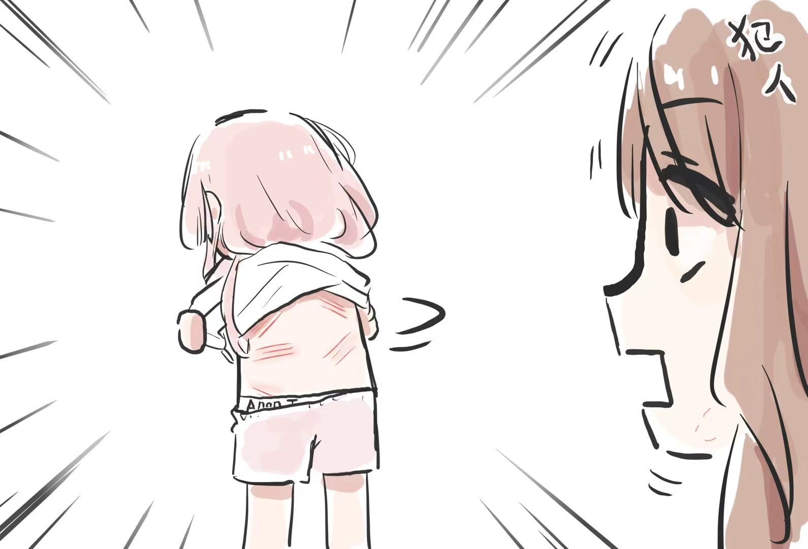 lyy, chihaya anon, nagasaki soyo, bang dream!, bang dream! it's mygo!!!!!, commentary request, translation request, 2girls, anon tokyo (bang dream!), brown hair, clothes lift, long hair, multiple girls, open mouth, pink hair, scratches, shirt lift, yuri
