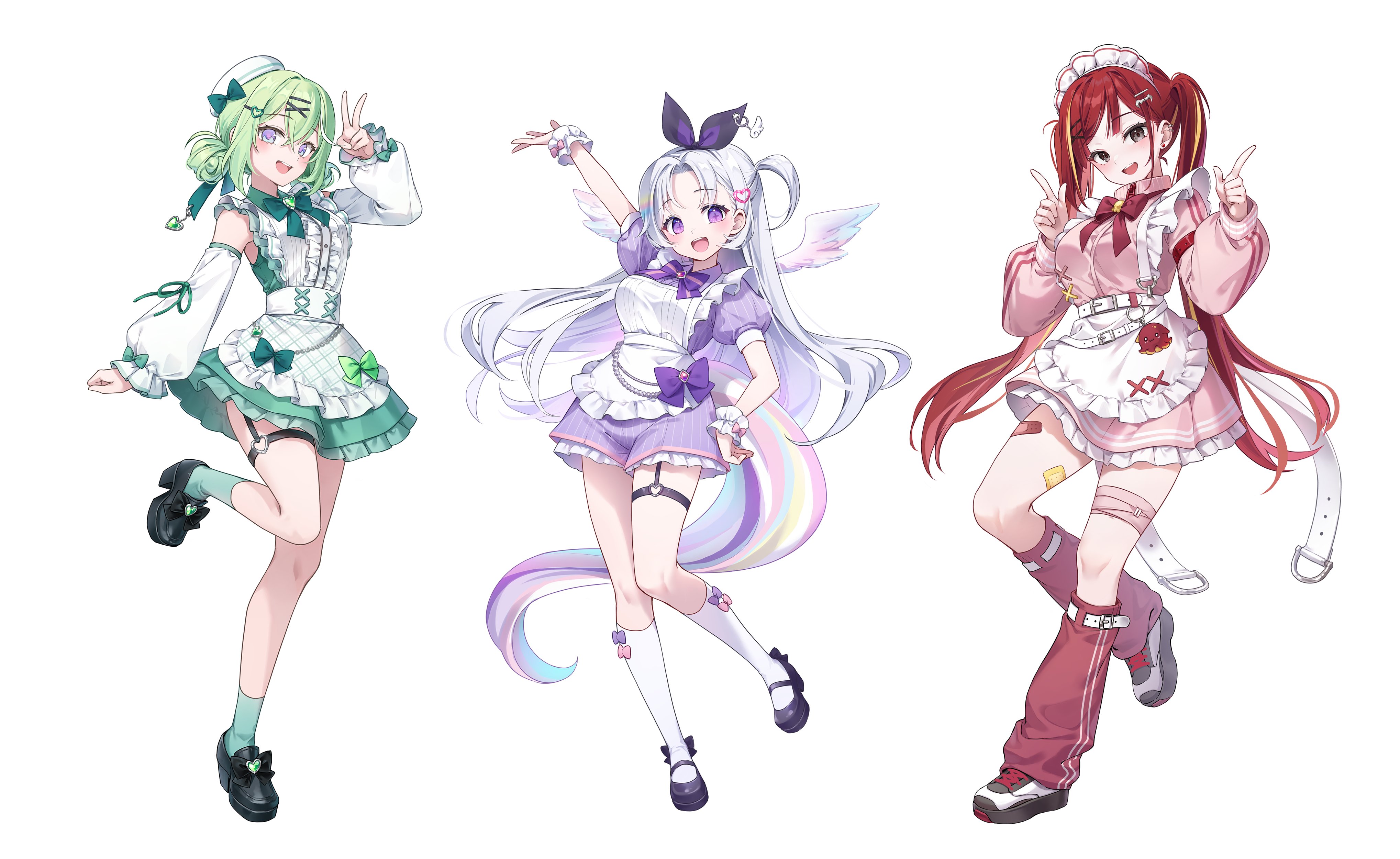 ika (4801055), akane lize, ayatsuno yuni, yuzuha riko, stellive, absurdres, highres, 3girls, apron, arm up, bandaid, bandaid on leg, black shoes, bow, center frills, detached sleeves, dress, frills, full body, green bow, green dress, green hair, green socks, hand up, hands up, heart, heart o-ring, kneehighs, leg warmers, long hair, long sleeves, looking at viewer, multicolored eyes, multiple girls, o-ring, o-ring thigh strap, open mouth, pink dress, purple bow, purple dress, red bow, red leg warmers, shoes, short sleeves, simple background, smile, socks, standing, standing on one leg, thigh strap, virtual youtuber, white apron, white background, white shoes, white socks