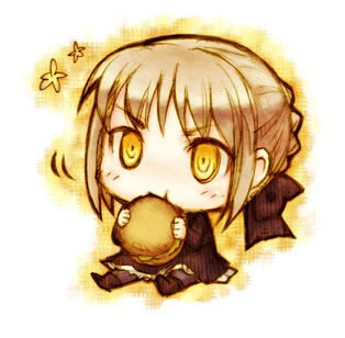 asaki yuzuno, yuzuno asaki, artoria pendragon (fate), saber (fate), saber alter, saber alter (gothic lolita), fate/stay night, fate (series), type-moon, lowres, 00s, 1girl, blush, brown hair, burger, chibi, eating, female focus, food, pantyhose, simple background, sitting, solo, white background, yellow eyes