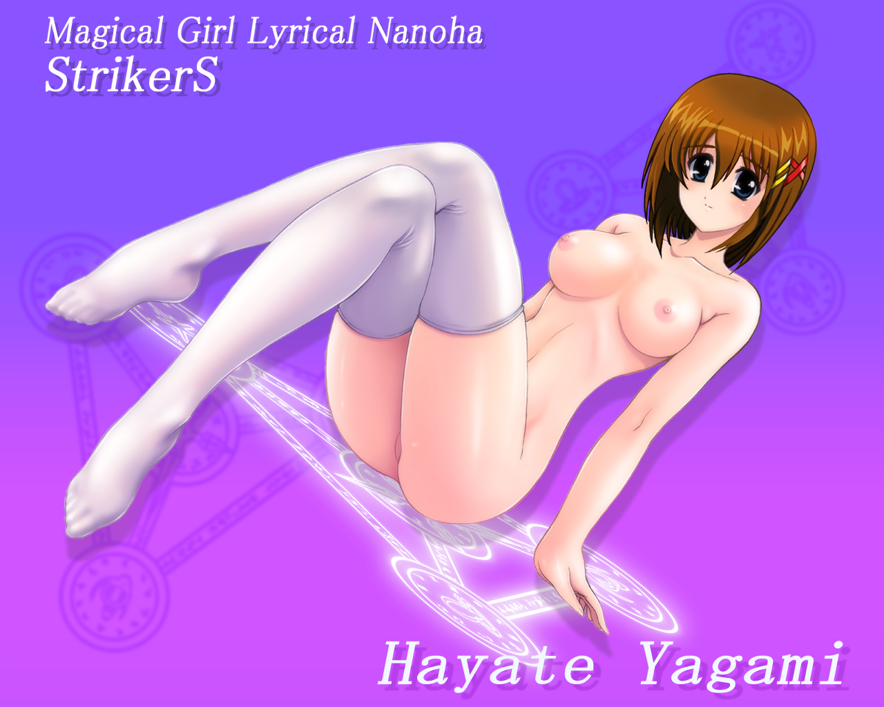 kamogawa tanuki, yagami hayate, lyrical nanoha, mahou shoujo lyrical nanoha, mahou shoujo lyrical nanoha strikers, 00s, 1girl, blue eyes, breasts, breasts apart, brown hair, crossed legs, feet, female focus, hair ornament, large breasts, nipples, nude, short hair, sitting, socks, solo, thighhighs, thumbnail error, x hair ornament