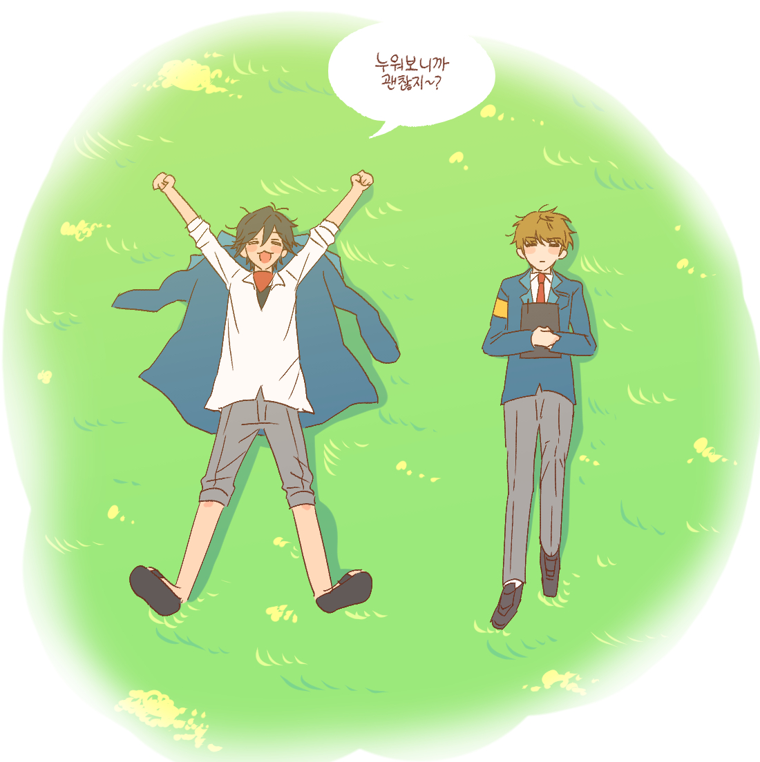 zombie high school, korean commentary, 2boys, armband, arms up, black hair, blazer, blonde hair, blue jacket, brown hair, clipboard, closed eyes, closed mouth, collared shirt, full body, grass, grey pants, grey shorts, holding, jacket, kang u-bin, korean text, long sleeves, lying, male focus, multiple boys, necktie, on back, on grass, open clothes, open jacket, open mouth, pants, red armband, red necktie, school uniform, shirt, shoes, short hair, shorts, smile, song hyeon-u, speech bubble, white shirt, zzihtako
