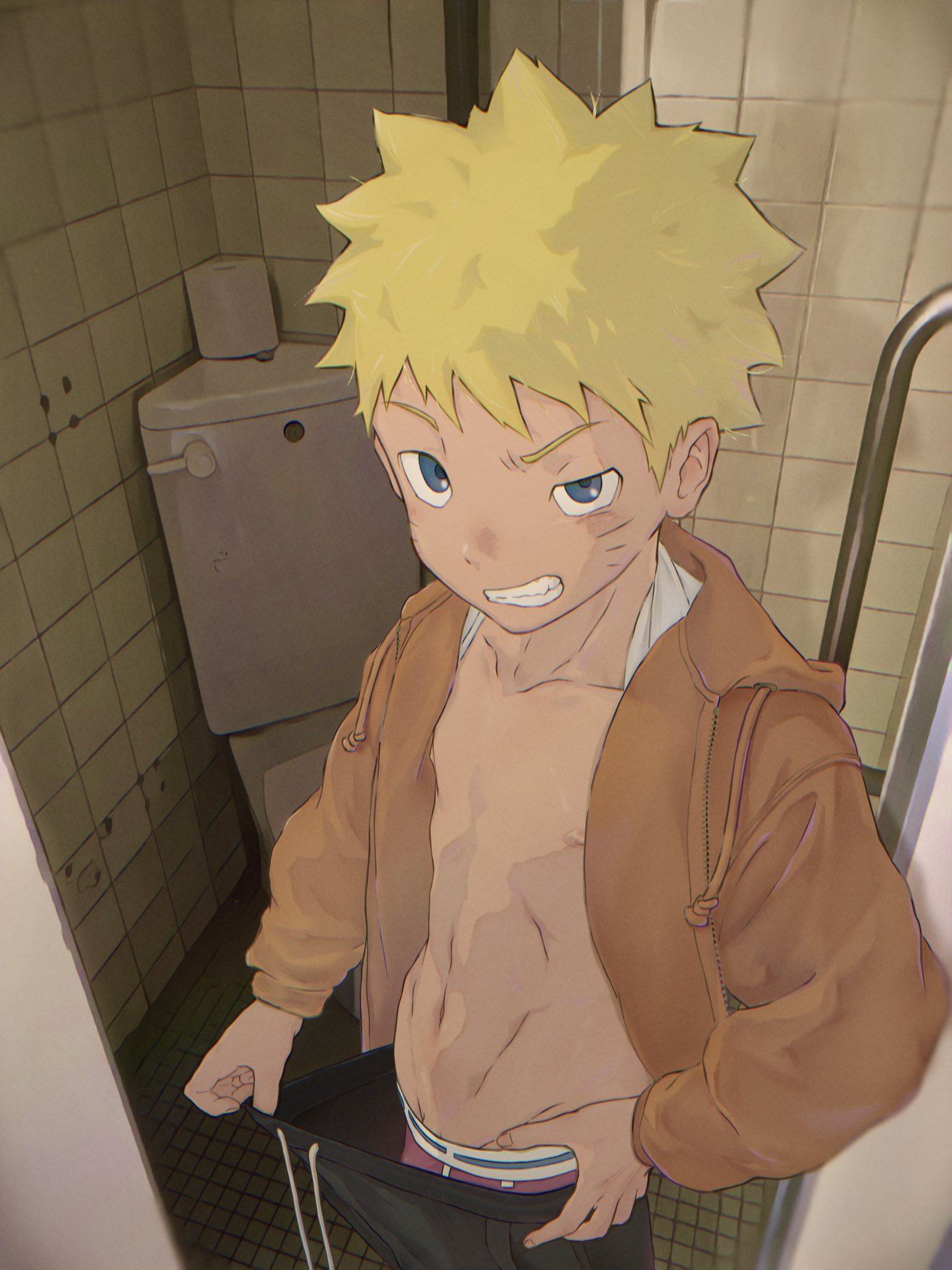 uzumaki naruto, naruto (series), highres, 1boy, black pants, blonde hair, blue eyes, facial mark, jacket, ken woofwoof, male focus, male underwear, open clothes, open jacket, orange jacket, pants, pulling own clothes, red male underwear, spiked hair, toilet, underwear, whisker markings