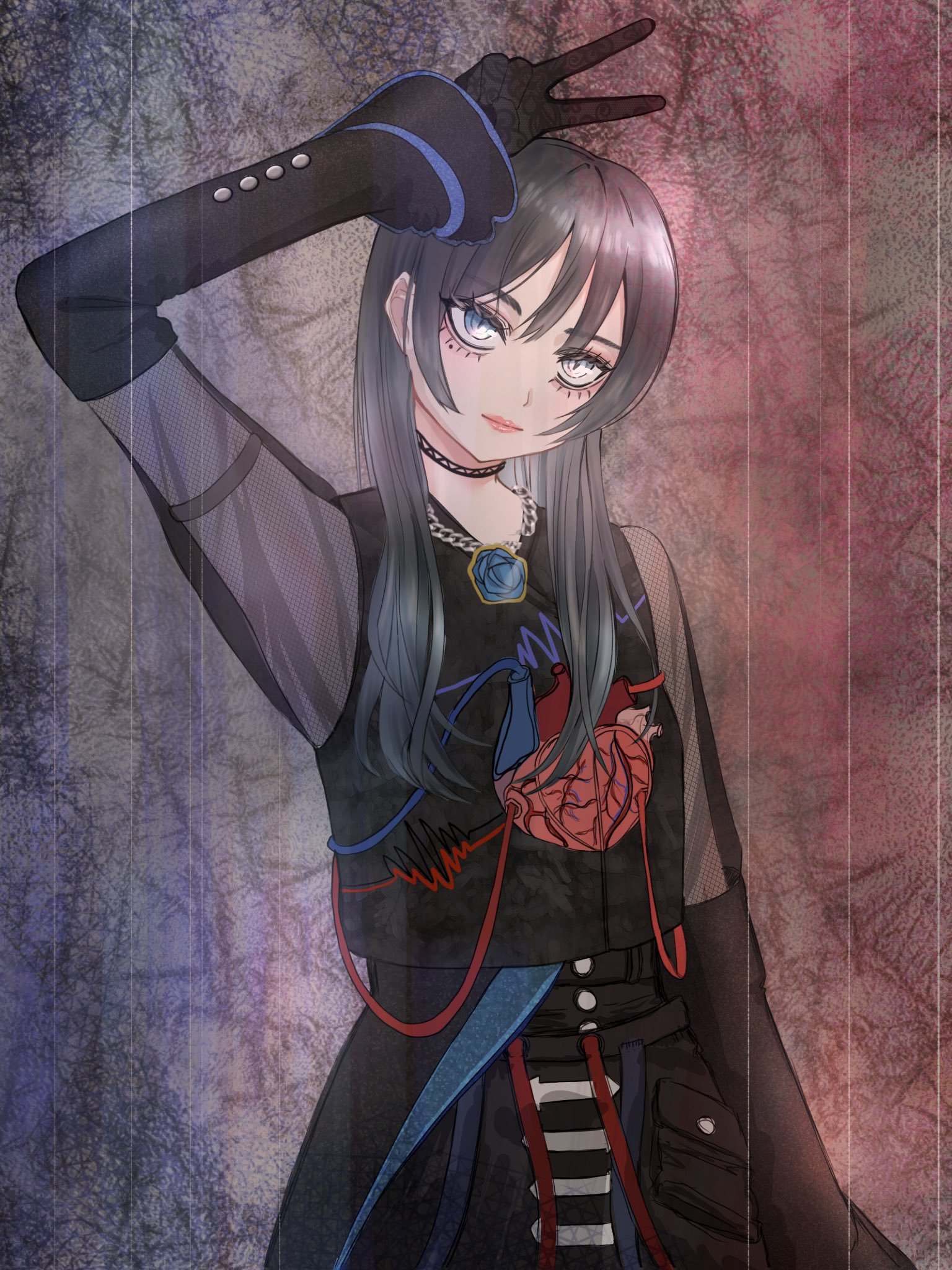 chando (ado), ado (utaite), commentary request, highres, 1girl, arm up, black choker, black gloves, black hair, black shirt, blue eyes, choker, fukase (ki16d6rjic81961), gloves, heart (organ), heterochromia, jewelry, looking at viewer, mole, mole under eye, necklace, shinzou (ado), shirt, solo, utaite, v, white eyes