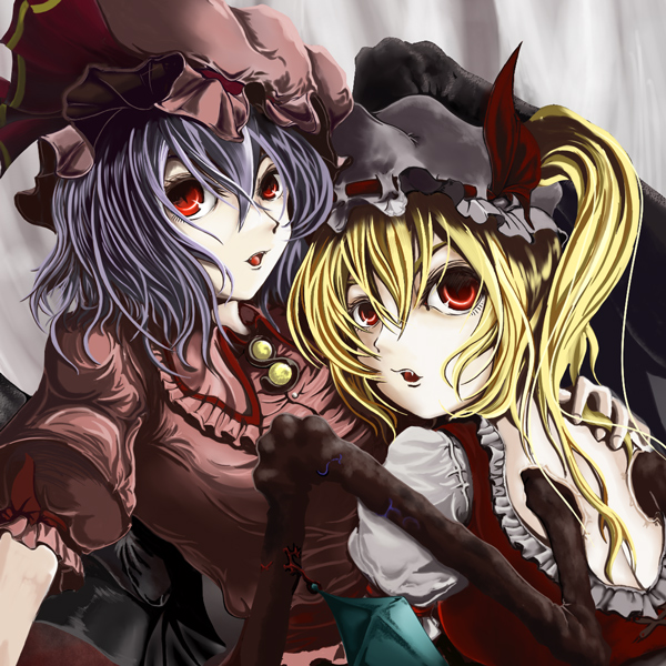 jyun, flandre scarlet, remilia scarlet, touhou, 2girls, blonde hair, blue hair, female focus, hair between eyes, hat, mob cap, multiple girls, red eyes, siblings, sisters, upper body