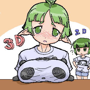 tarepanda, san-x, character request, lowres, 2girls, =, blunt bangs, blush, breast rest, breasts, breasts on table, cosplay, elf, flat chest, green eyes, green hair, large breasts, multiple girls, oekaki, panda, pointy ears, shirt, short hair, simple background, t-shirt